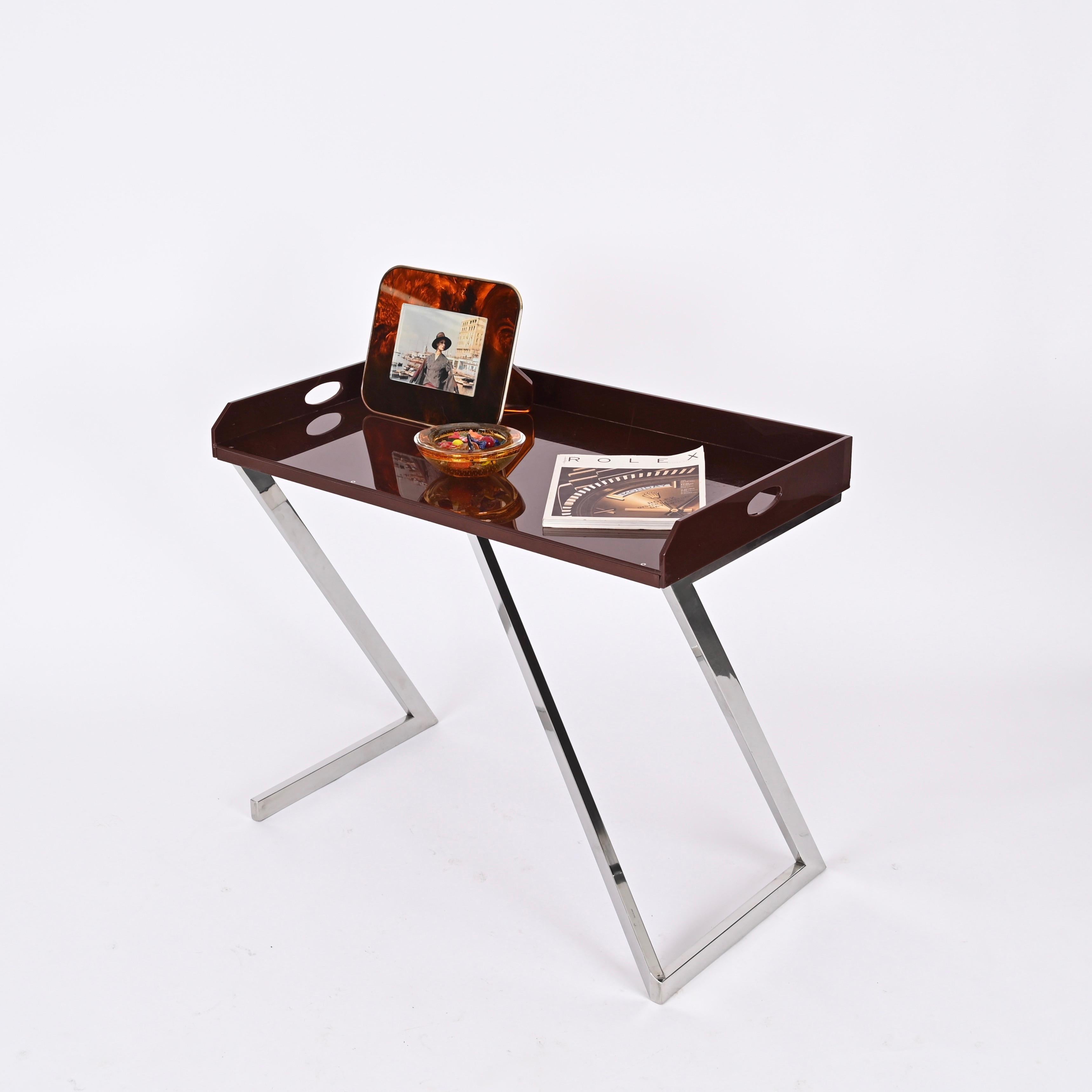 Signed Romeo Rega Console or Desk in Chrome and Brown Plexiglass, Italy 1970s For Sale 11