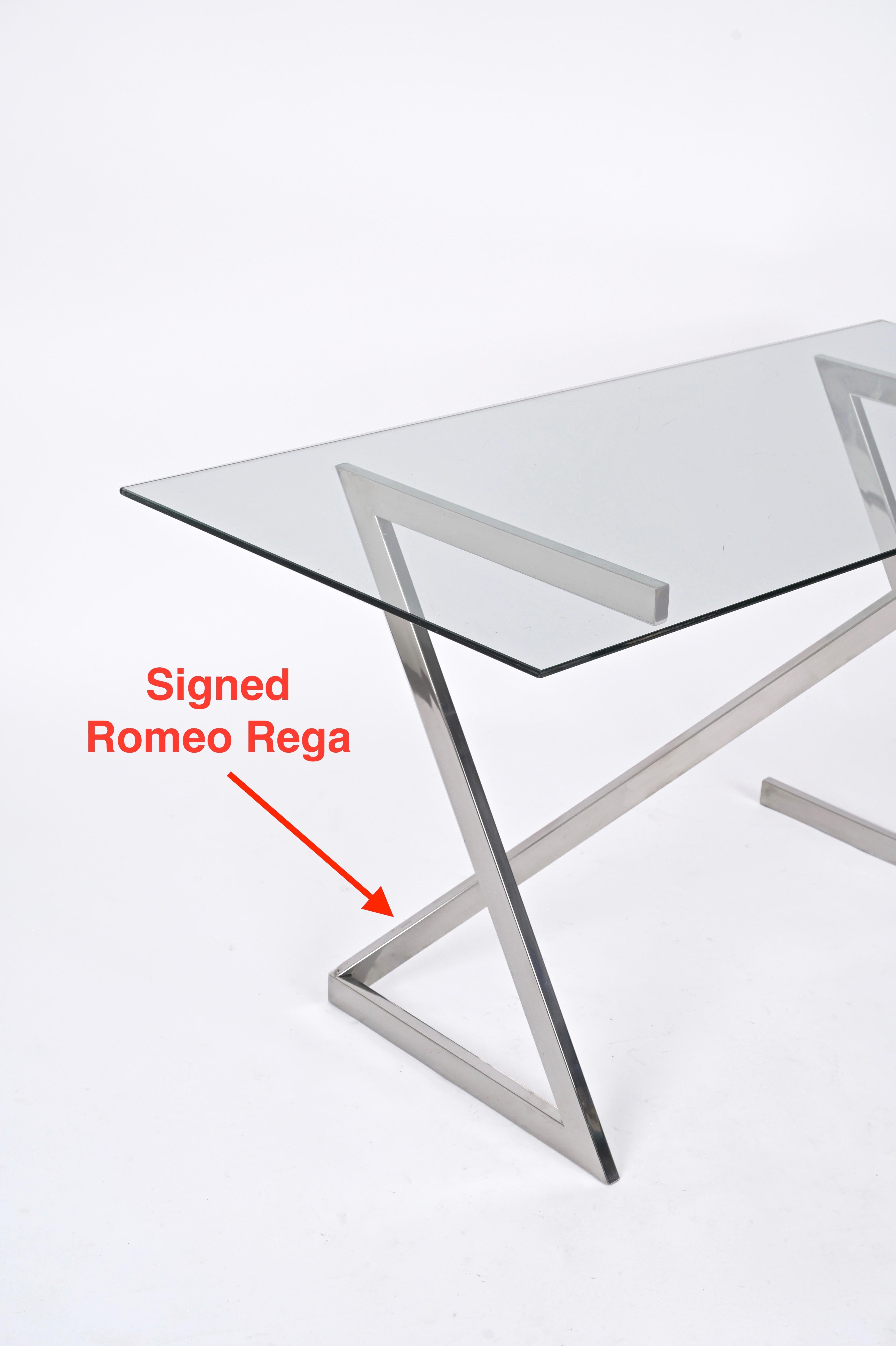 Signed Romeo Rega Console or Desk in Chrome and Brown Plexiglass, Italy 1970s For Sale 12
