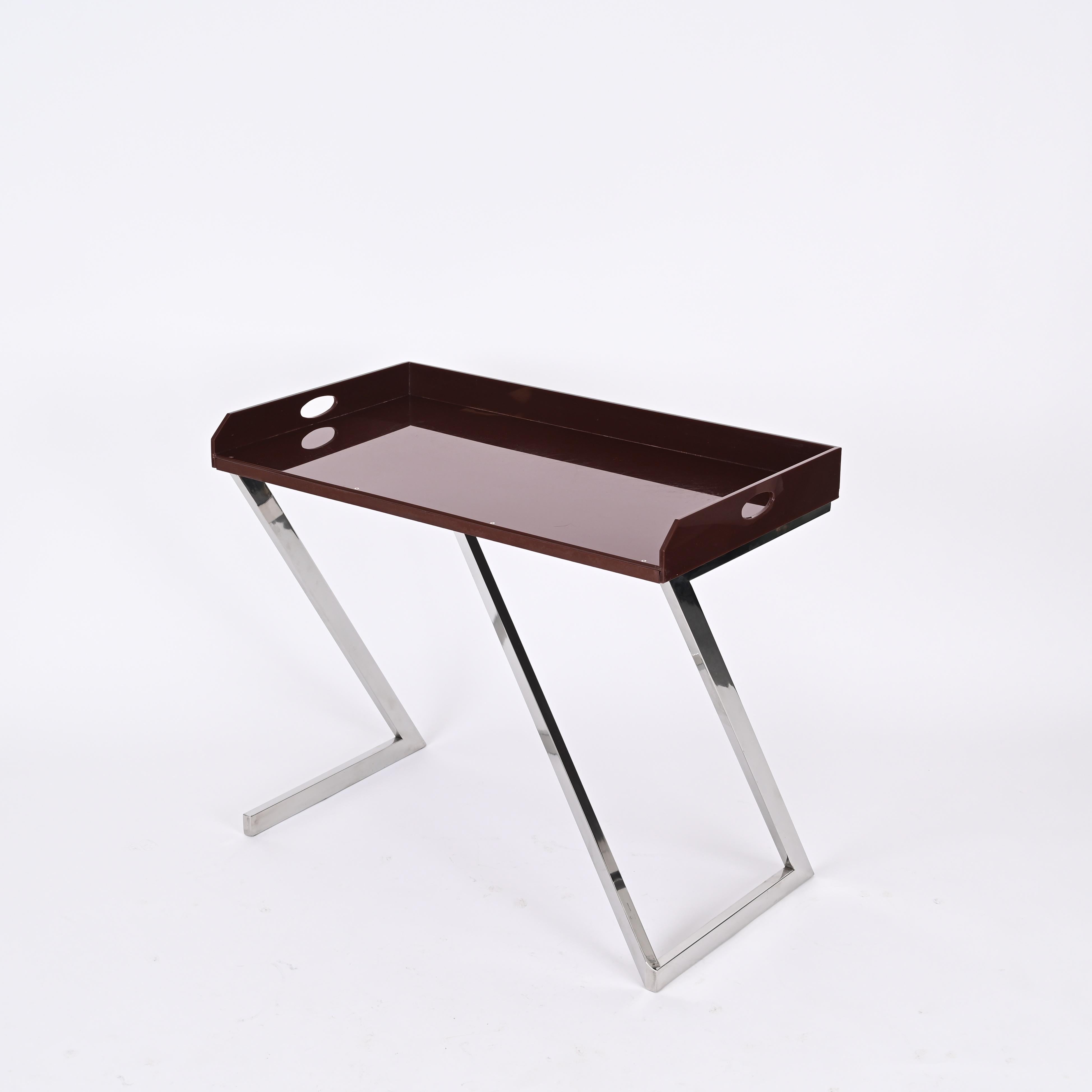 Steel Signed Romeo Rega Console or Desk in Chrome and Brown Plexiglass, Italy 1970s For Sale