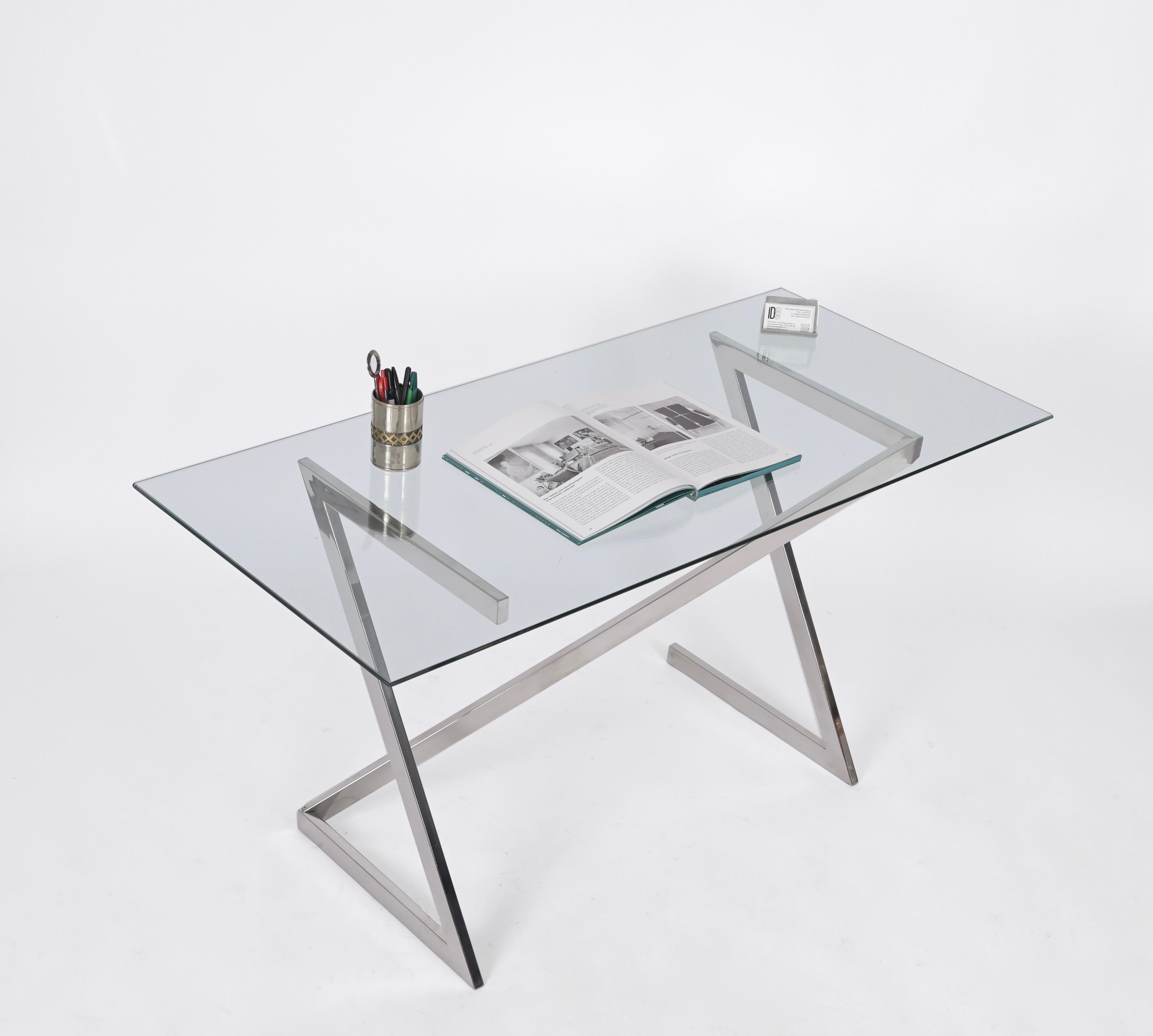Late 20th Century Signed Romeo Rega Console or Desk in Chrome and Brown Plexiglass, Italy 1970s For Sale