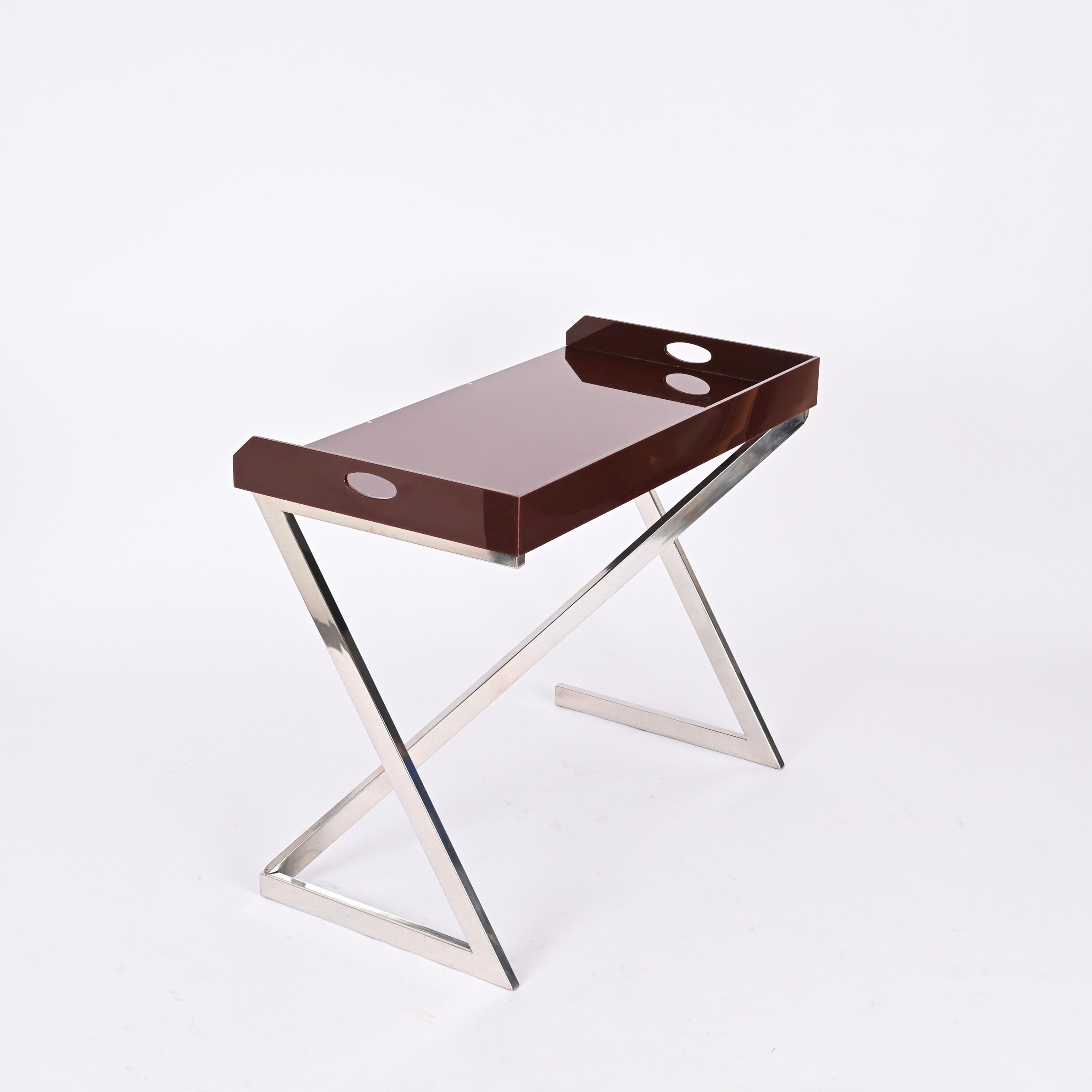 Mid-Century Modern Signed Romeo Rega Console or Desk in Chrome and Brown Plexiglass, Italy 1970s For Sale