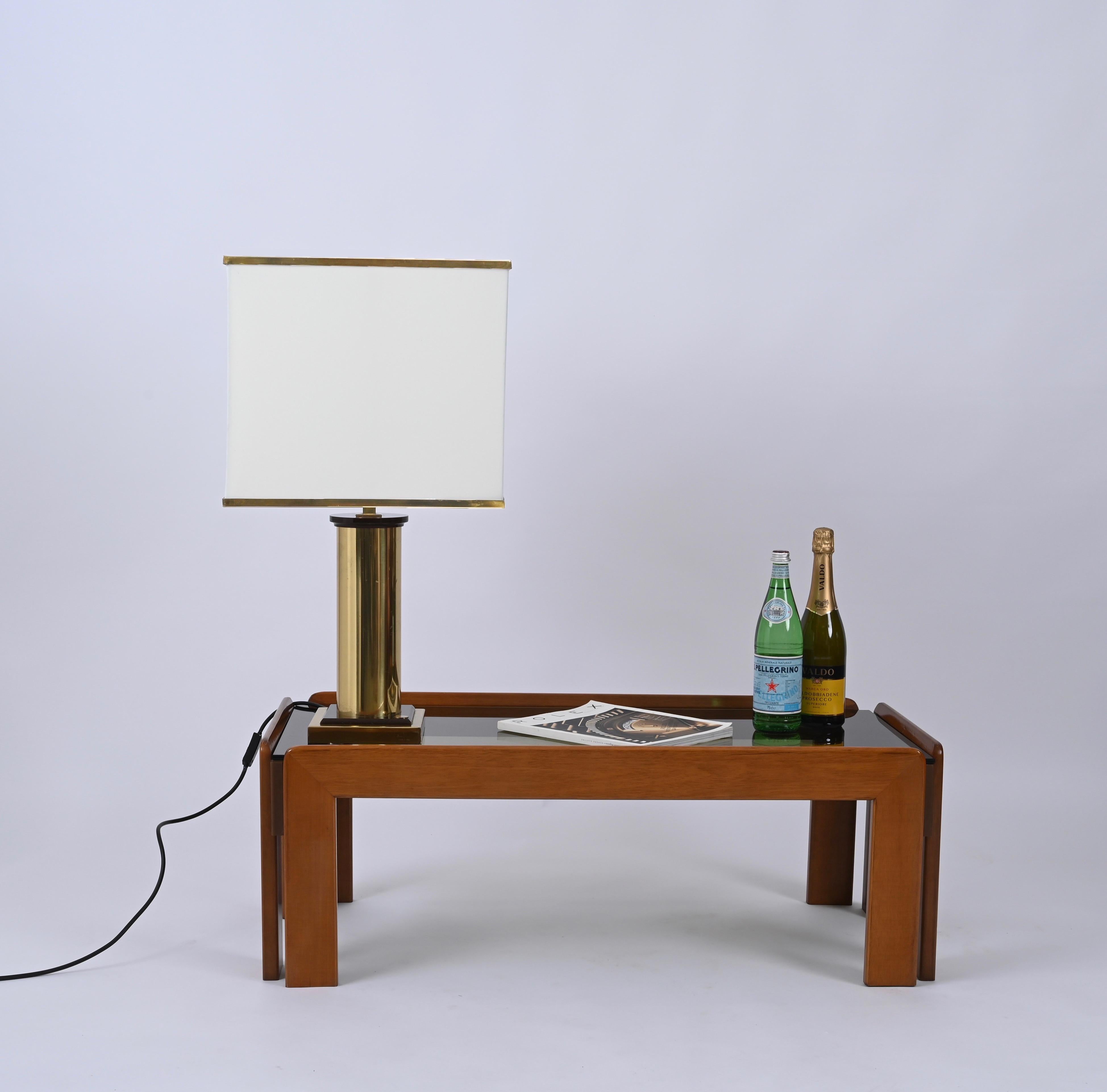 Signed Romeo Rega Table Lamp in Brass and White Silk Lampshade, Italy 1970s For Sale 5