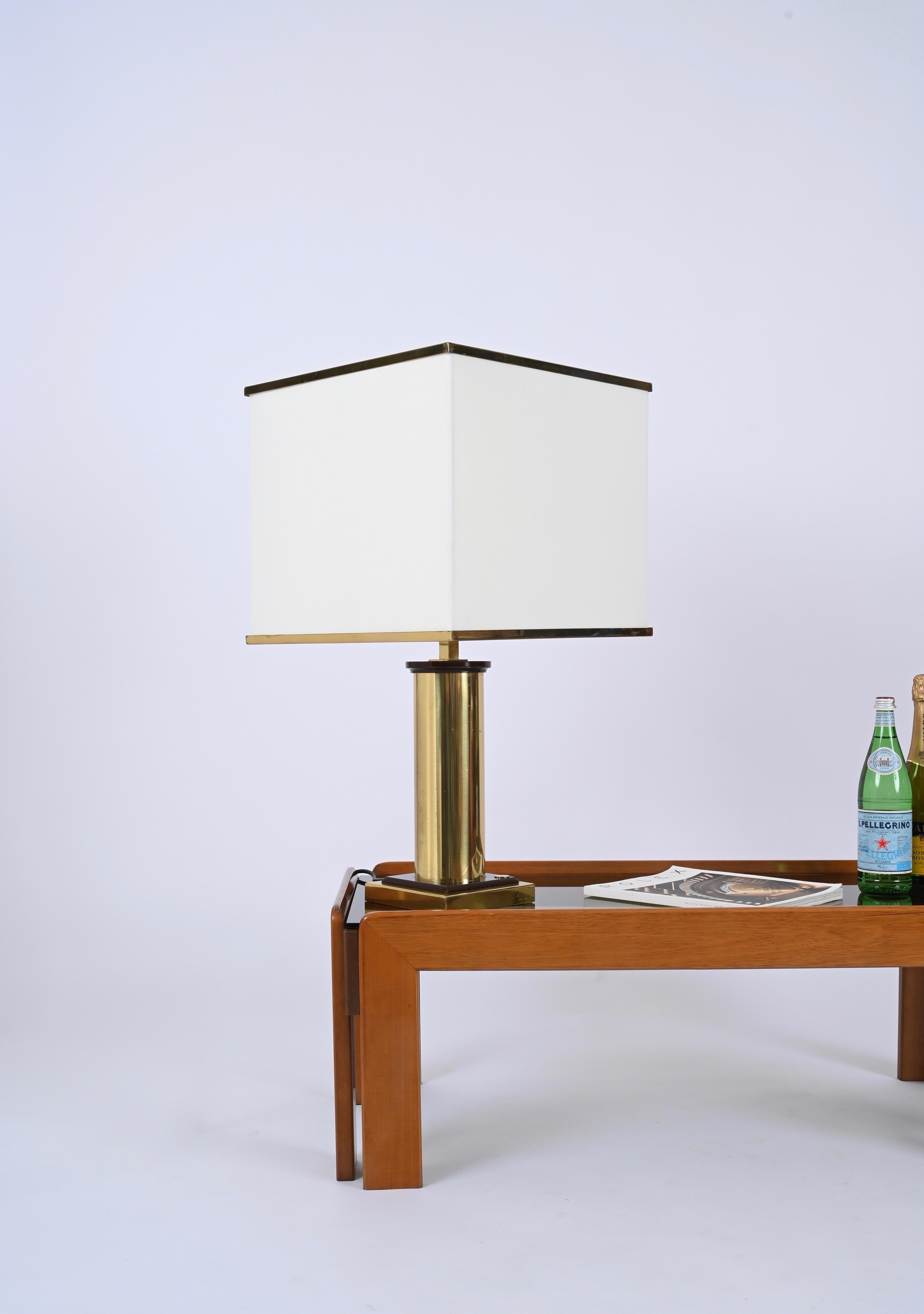 Mid-Century Modern Signed Romeo Rega Table Lamp in Brass and White Silk Lampshade, Italy 1970s For Sale