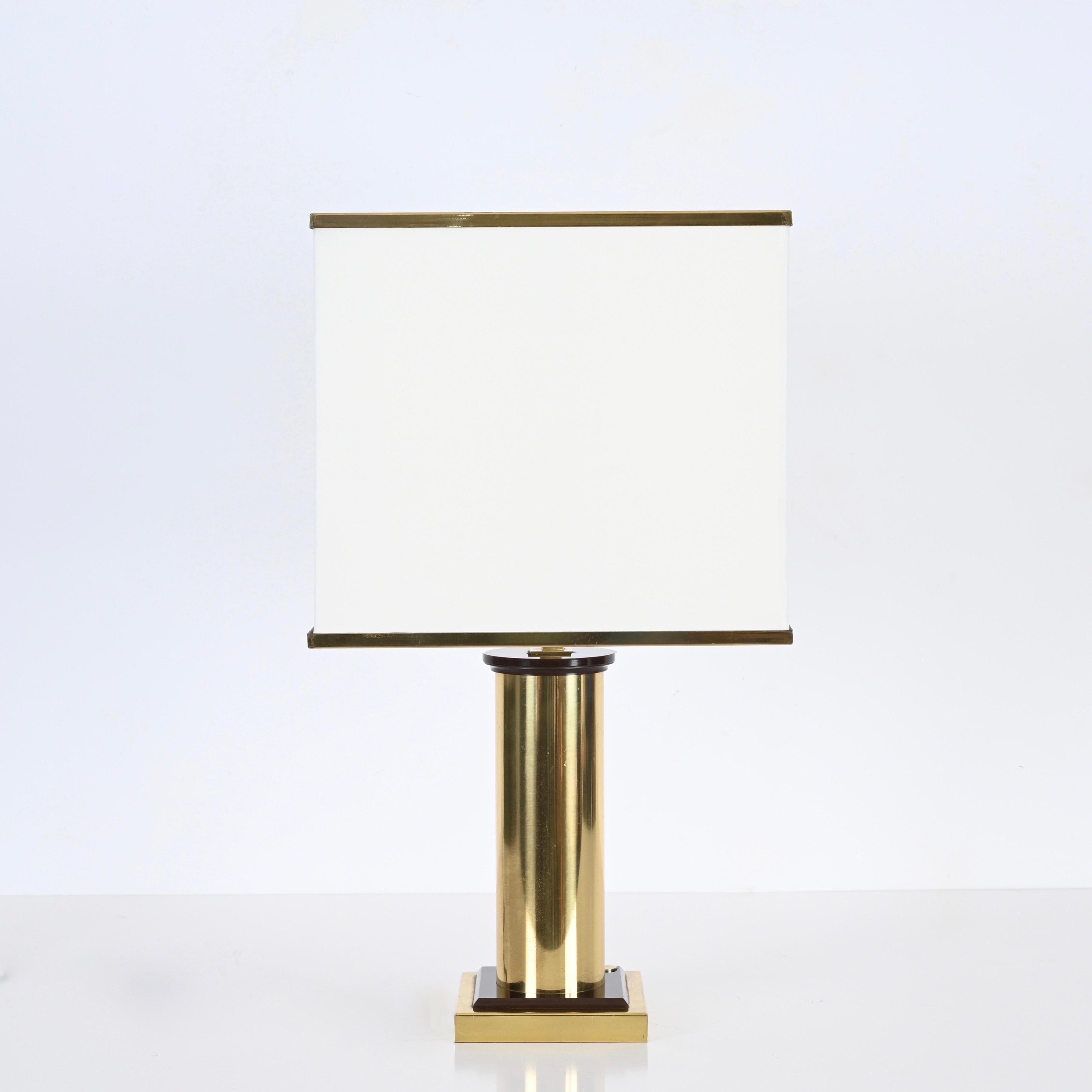 Hand-Crafted Signed Romeo Rega Table Lamp in Brass and White Silk Lampshade, Italy 1970s For Sale