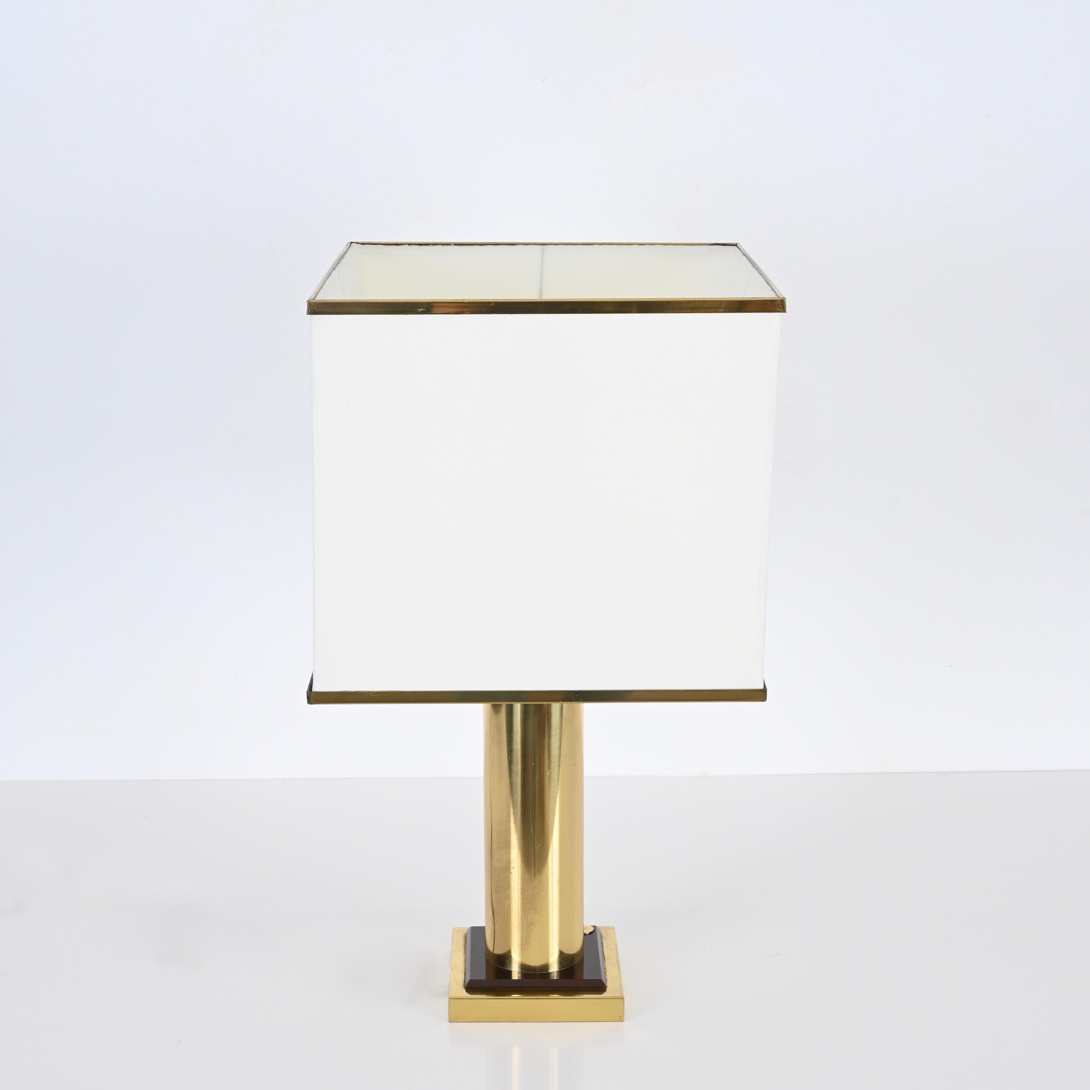 Late 20th Century Signed Romeo Rega Table Lamp in Brass and White Silk Lampshade, Italy 1970s For Sale