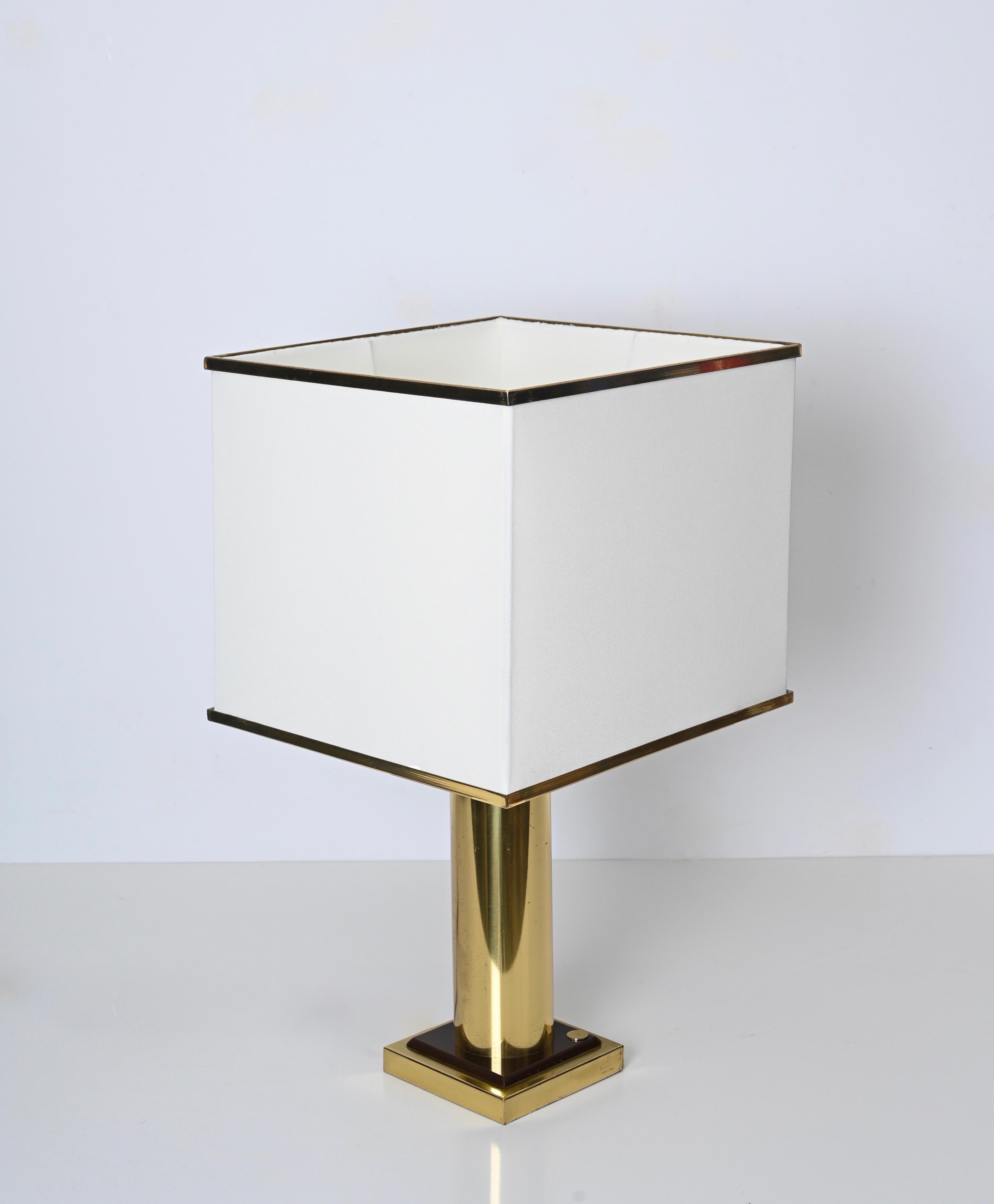 Metal Signed Romeo Rega Table Lamp in Brass and White Silk Lampshade, Italy 1970s For Sale