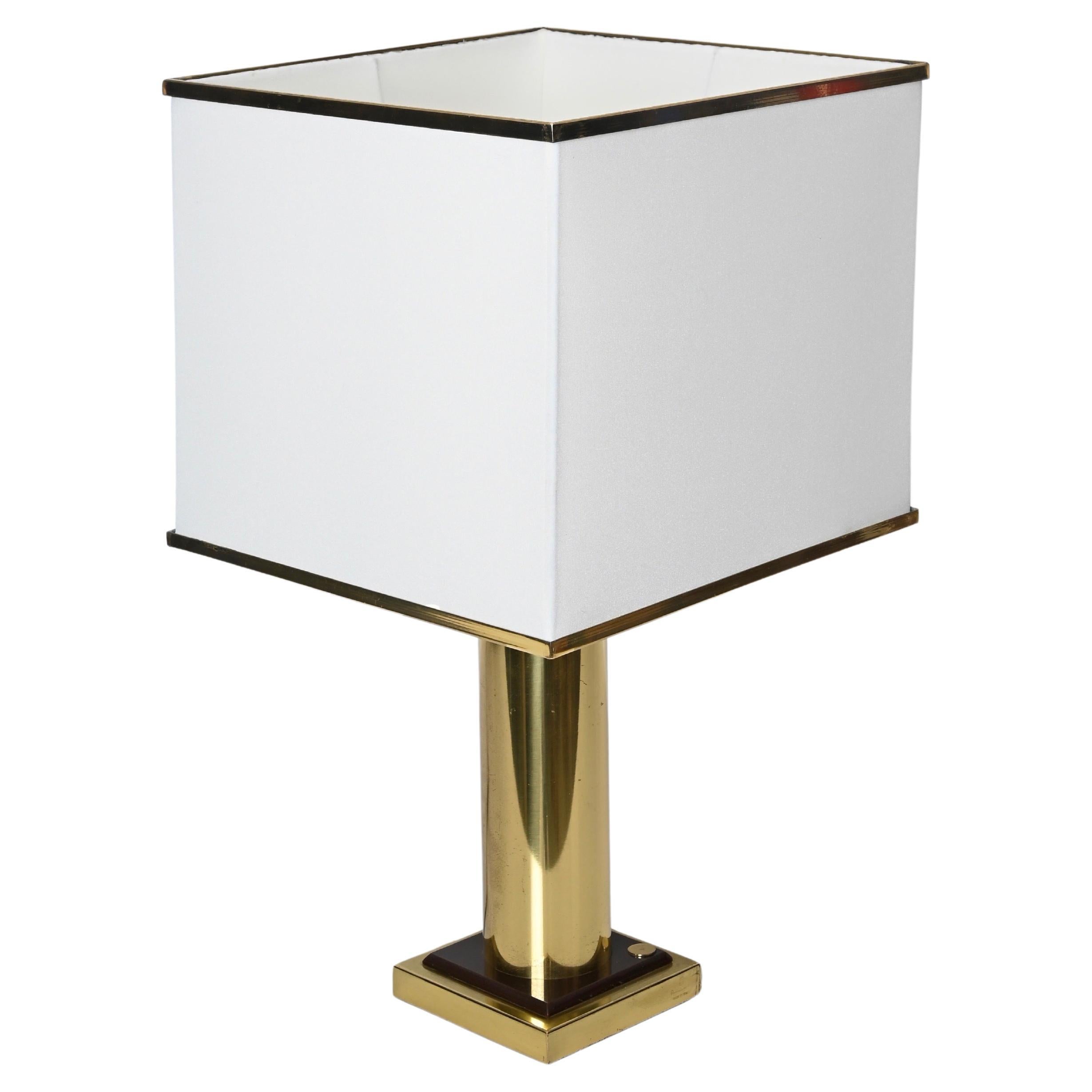 Signed Romeo Rega Table Lamp in Brass and White Silk Lampshade, Italy 1970s For Sale