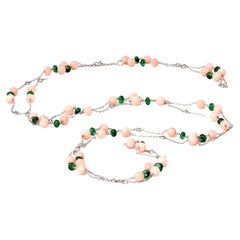 Signed Rosaria Varra Angel-Skin Coral Emerald Bead and Diamond Opera Necklace