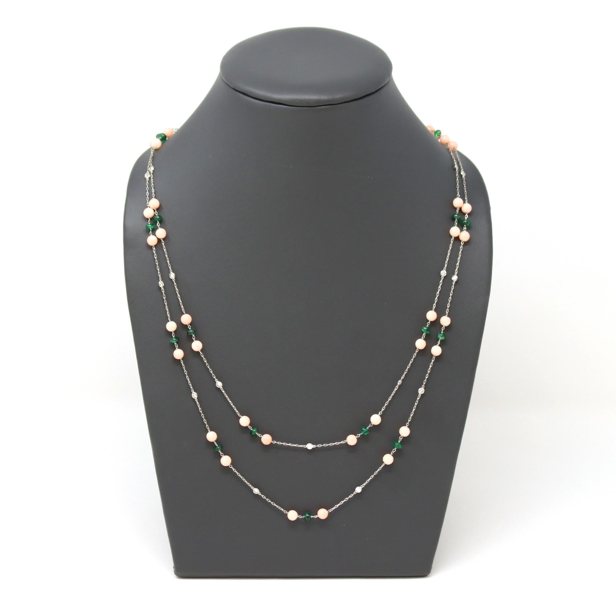 Platinum Station Necklace with Coral Emeralds and Diamonds by Rosaria Varra In New Condition In Miami, FL