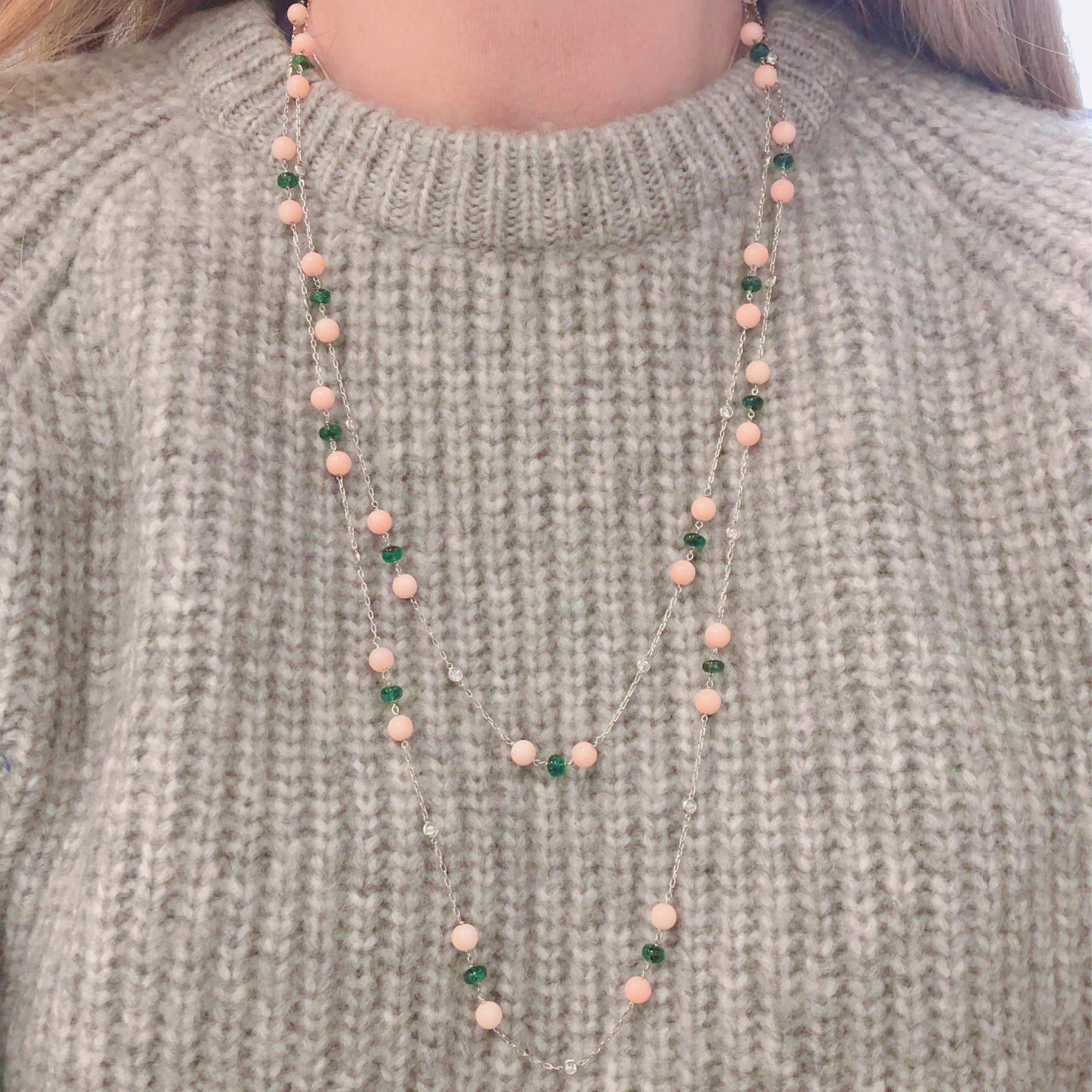 Mixed Cut Platinum Station Necklace with Coral Emeralds and Diamonds by Rosaria Varra