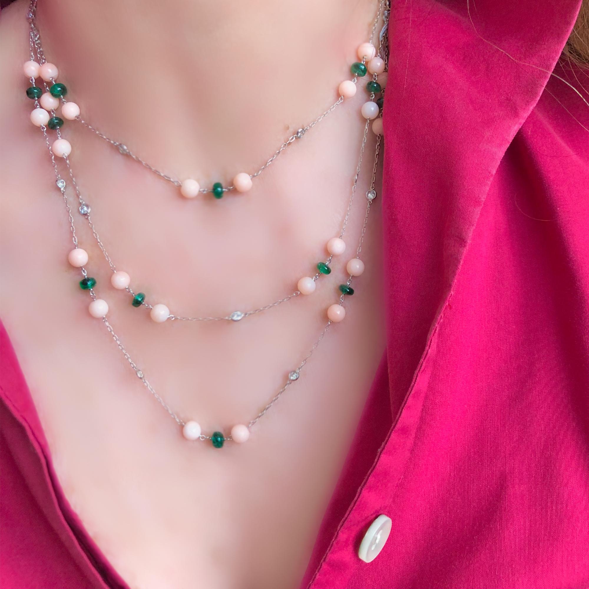 Contemporary Platinum Station Necklace with Coral Emeralds and Diamonds by Rosaria Varra