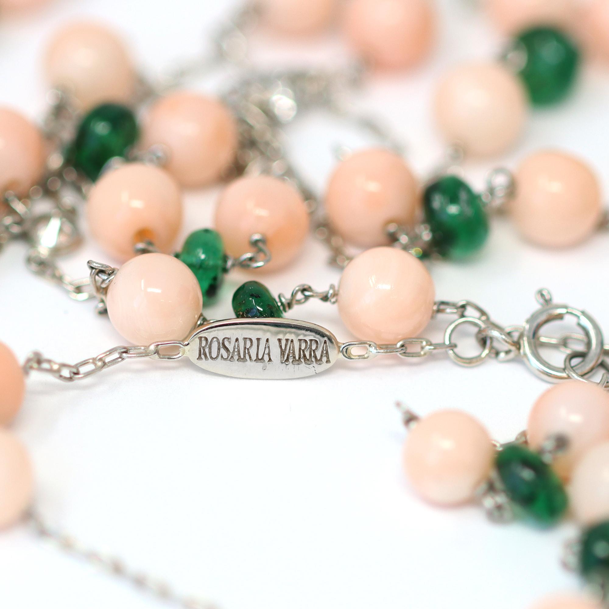 Women's or Men's Platinum Station Necklace with Coral Emeralds and Diamonds by Rosaria Varra