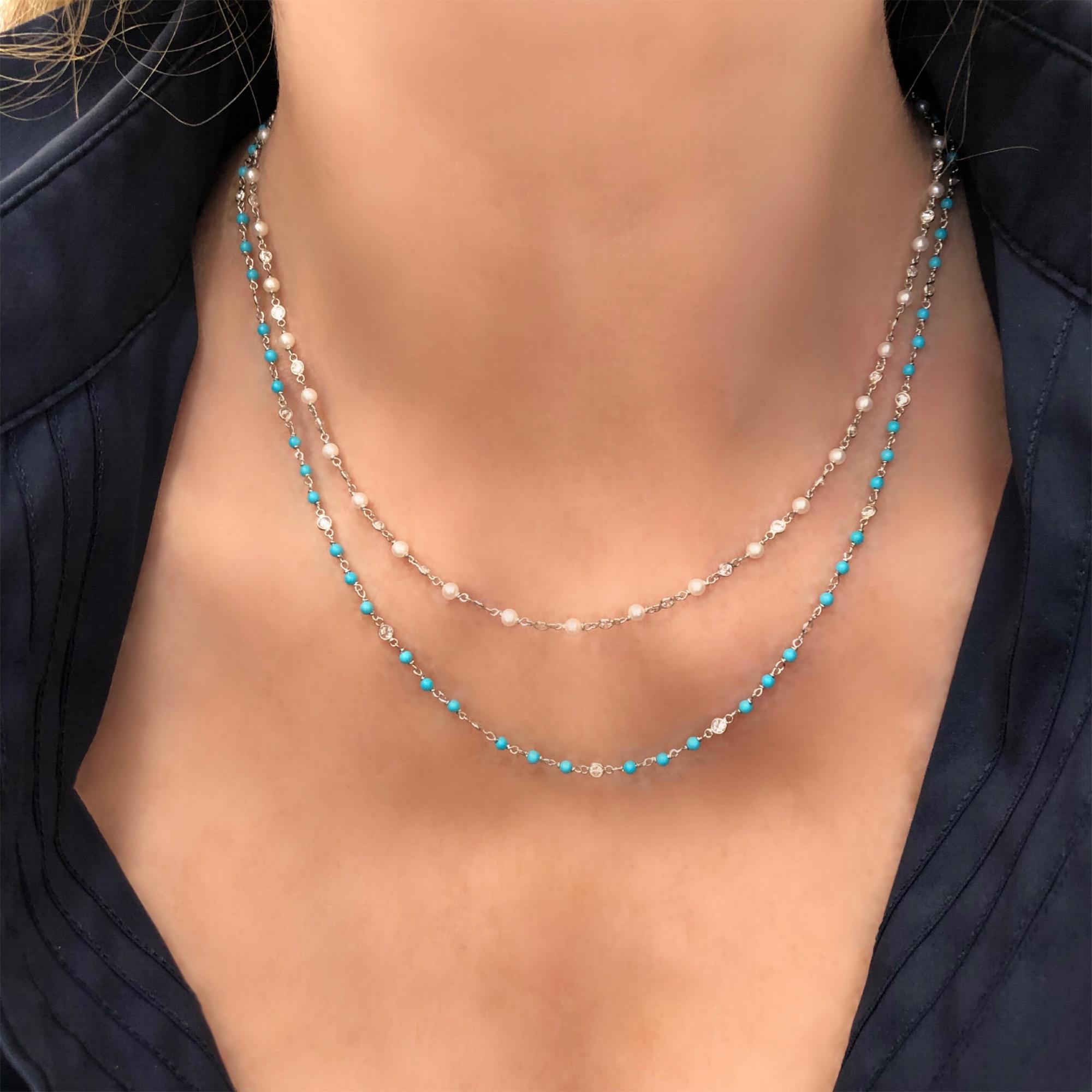 Signed Rosaria Varra Turquoise and Diamond Necklace Set in Platinum In New Condition In Miami, FL