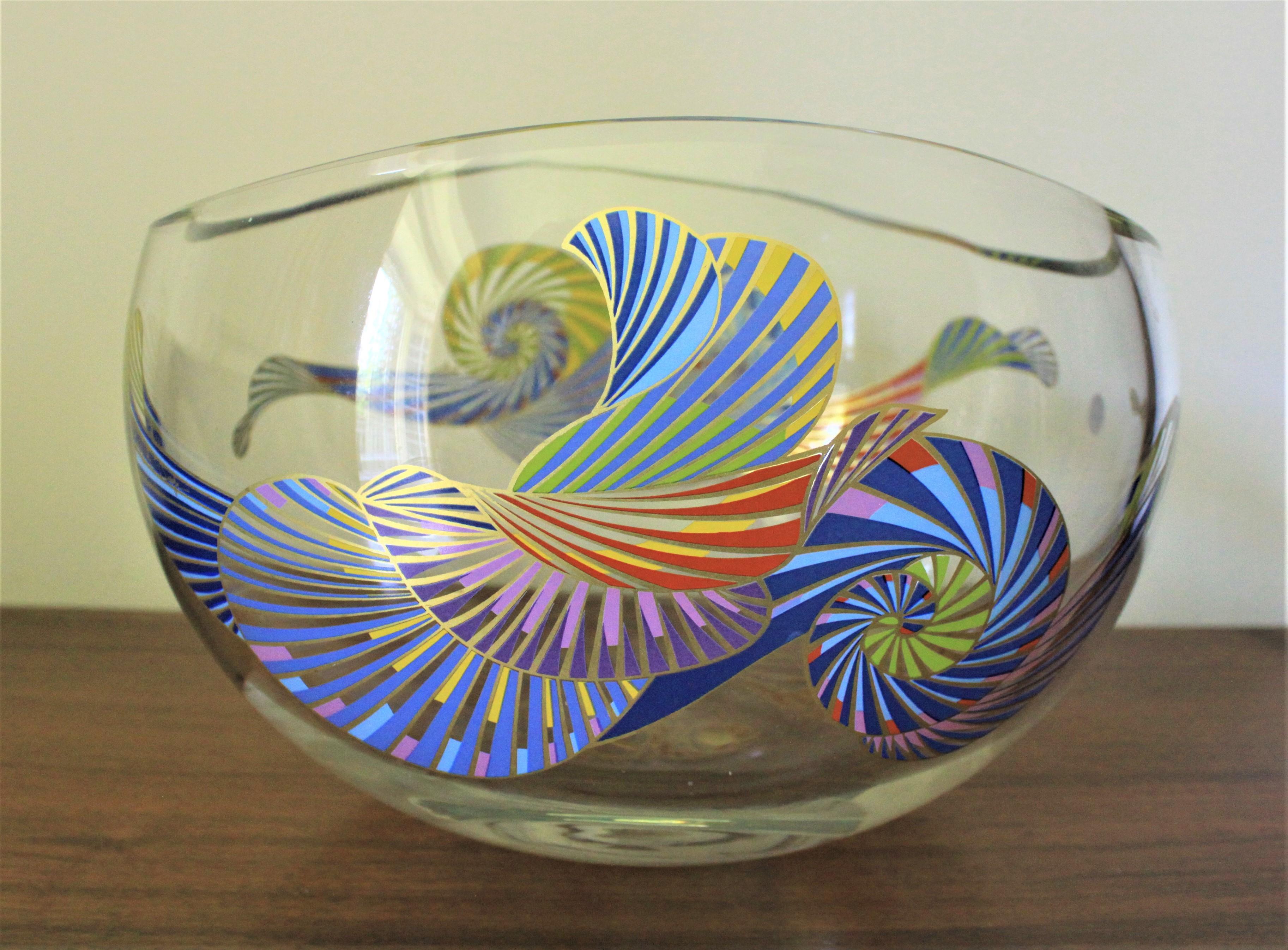 Mid-Century Modern Signed Rosenthal Crystal Bowl with Enamel Decoration