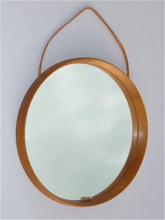 Signed Round Wall Mirror Vittsjö Östen Kristiansson Oak Wood Leather, 1960s