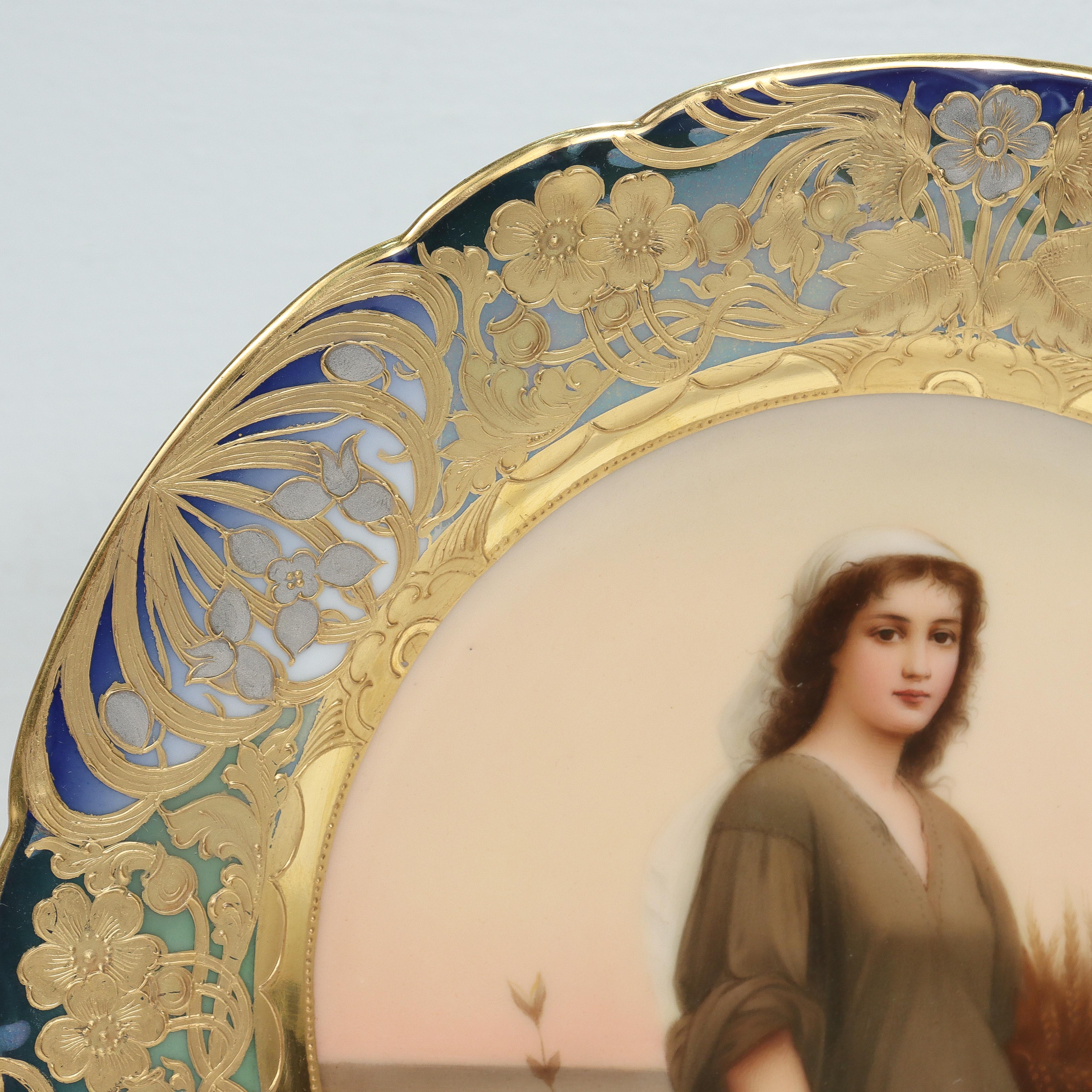 Gilt Signed Royal Vienna Porcelain Portrait Cabinet Plate with Platinum & Raised Gold For Sale