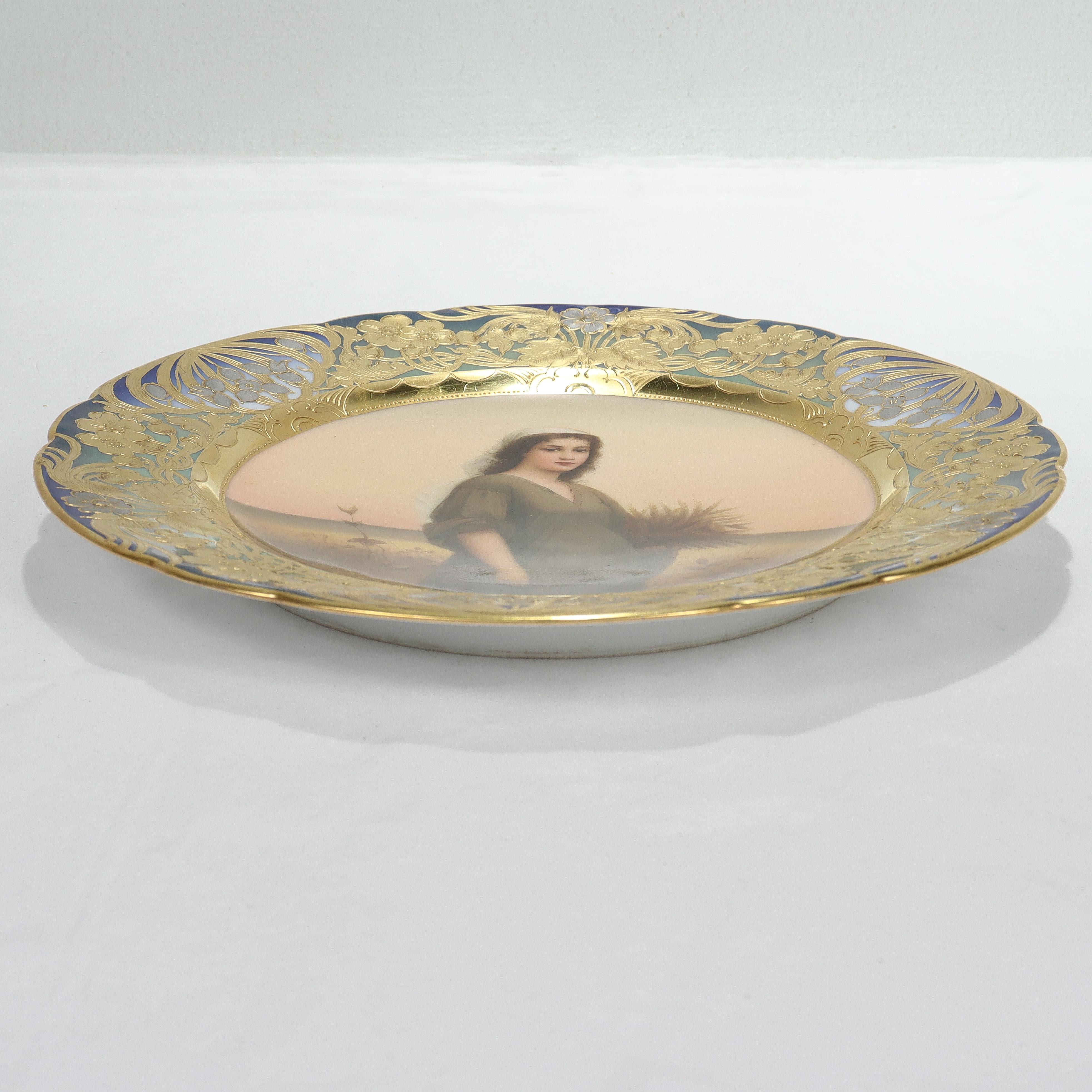 Gilt Signed Royal Vienna Porcelain Portrait Cabinet Plate with Platinum & Raised Gold For Sale