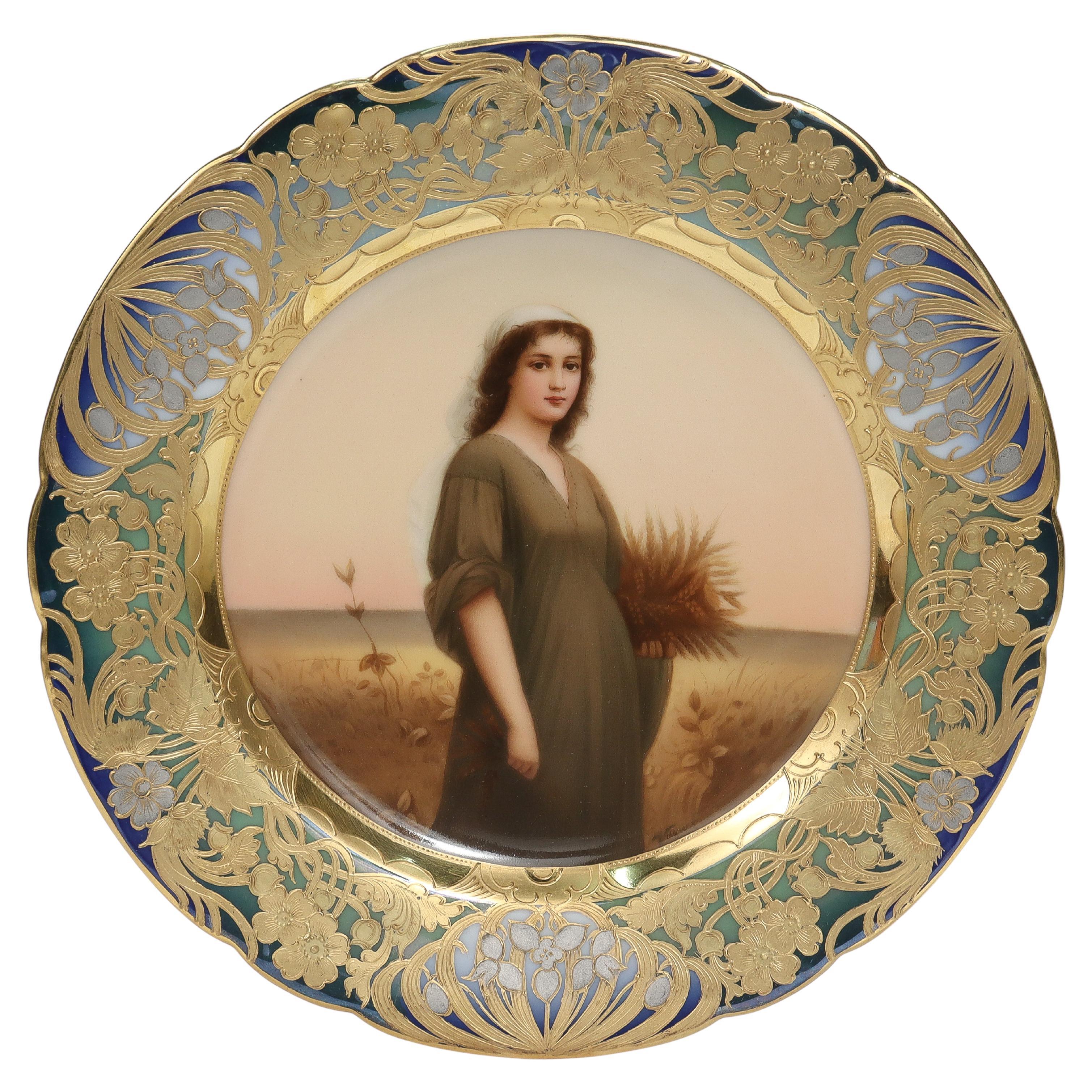 Signed Royal Vienna Porcelain Portrait Cabinet Plate with Platinum & Raised Gold For Sale
