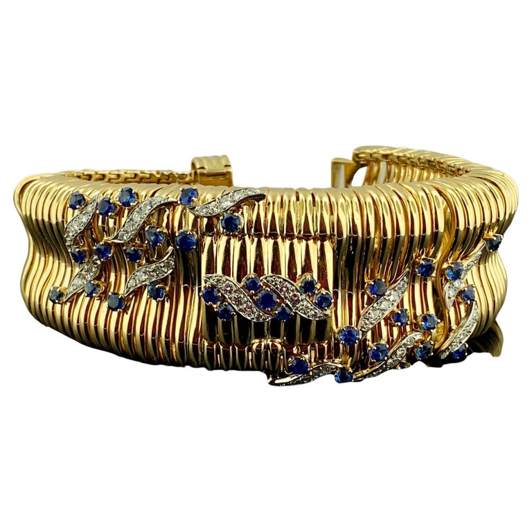 Signed "Ruser" 14KT YG and Plat Dia and Sapphire Cuff Bracelet Watch For  Sale at 1stDibs