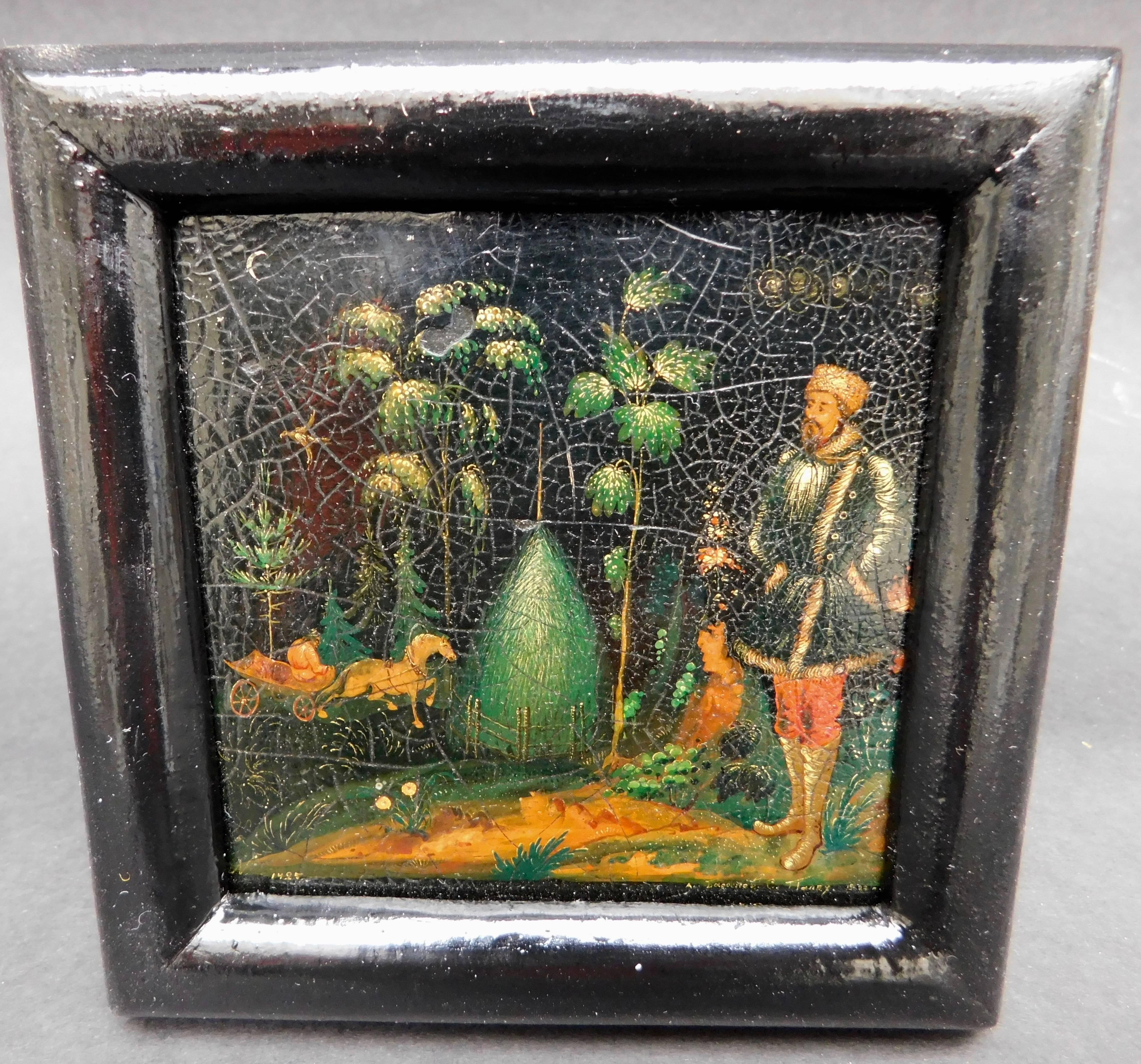 A very detailed miniature Russian lacquer painting fragment on wood. The painting shows a spring scene with a horse drawn cart and man in traditional dress.The signature and date are seen on the lower right side. The date is difficult to read 1933