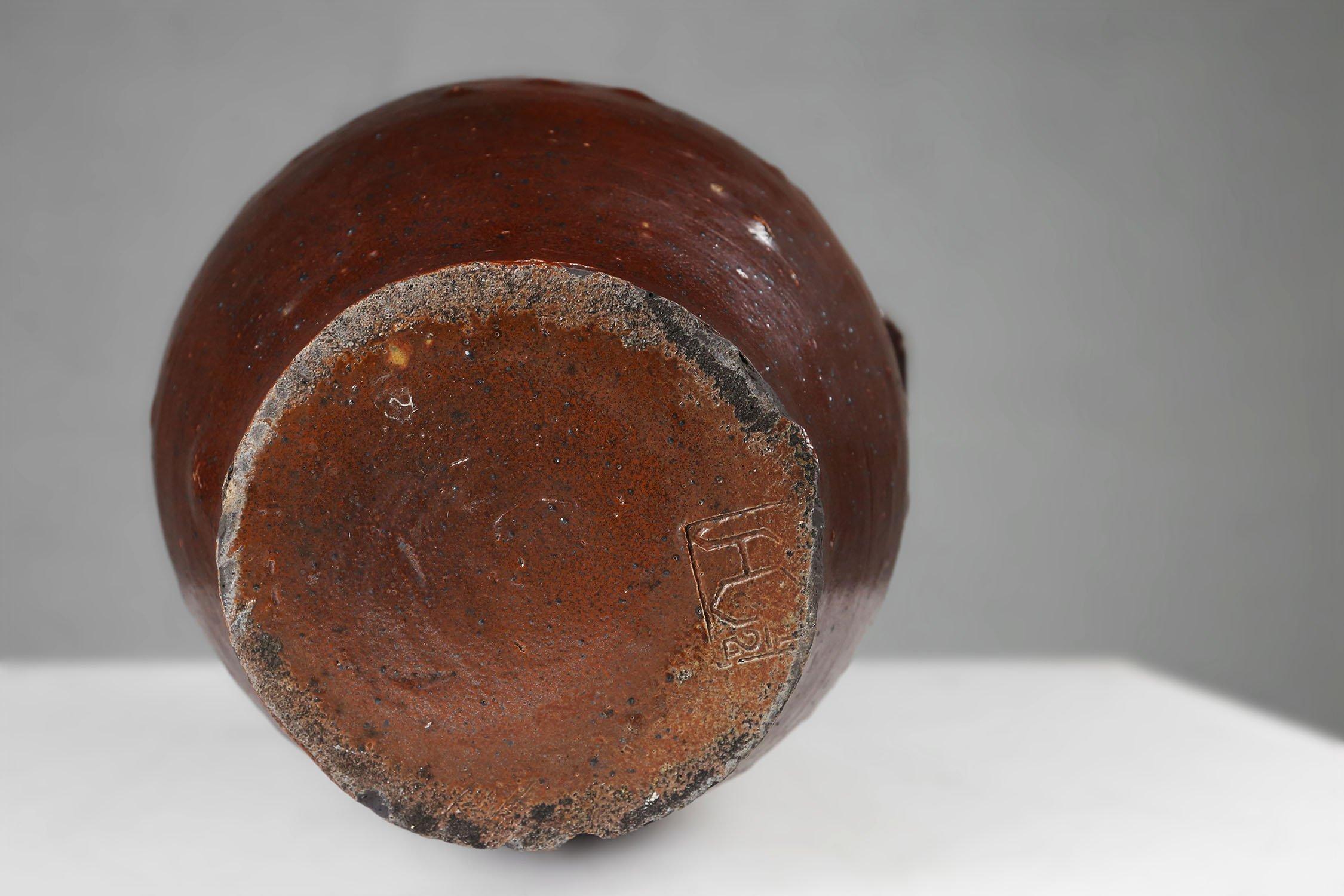 Vaso rustico di grandi dimensioni in ceramica marrone smaltata, firmato, Belgio, 1800 in vendita 4