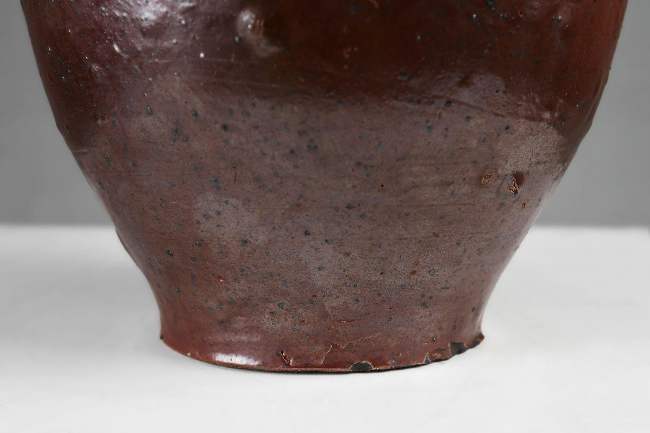 Vaso rustico di grandi dimensioni in ceramica marrone smaltata, firmato, Belgio, 1800 in vendita 1