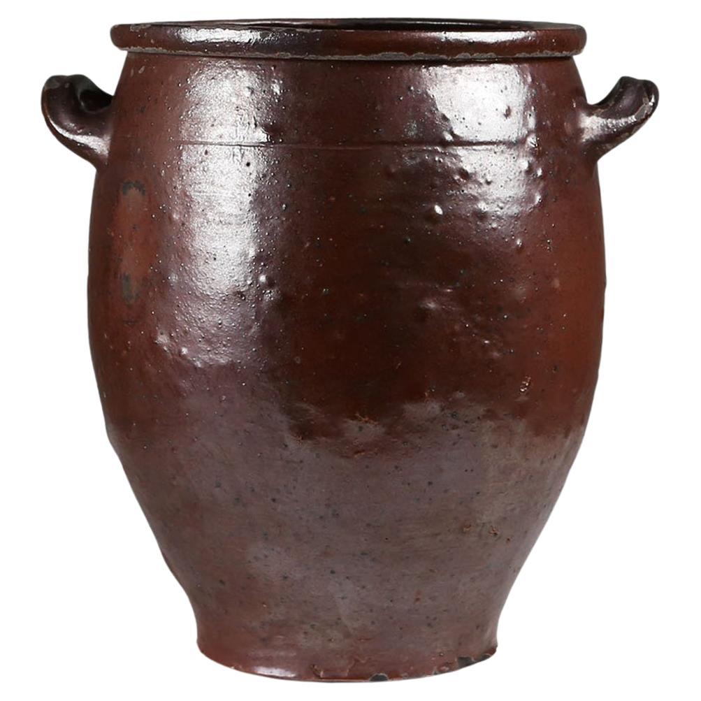 Signed Rustic Large Glazed Brown Ceramic Pot, Belgium, 1800s