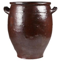 Signed Rustic Large Glazed Brown Ceramic Pot, Belgium, 1800s