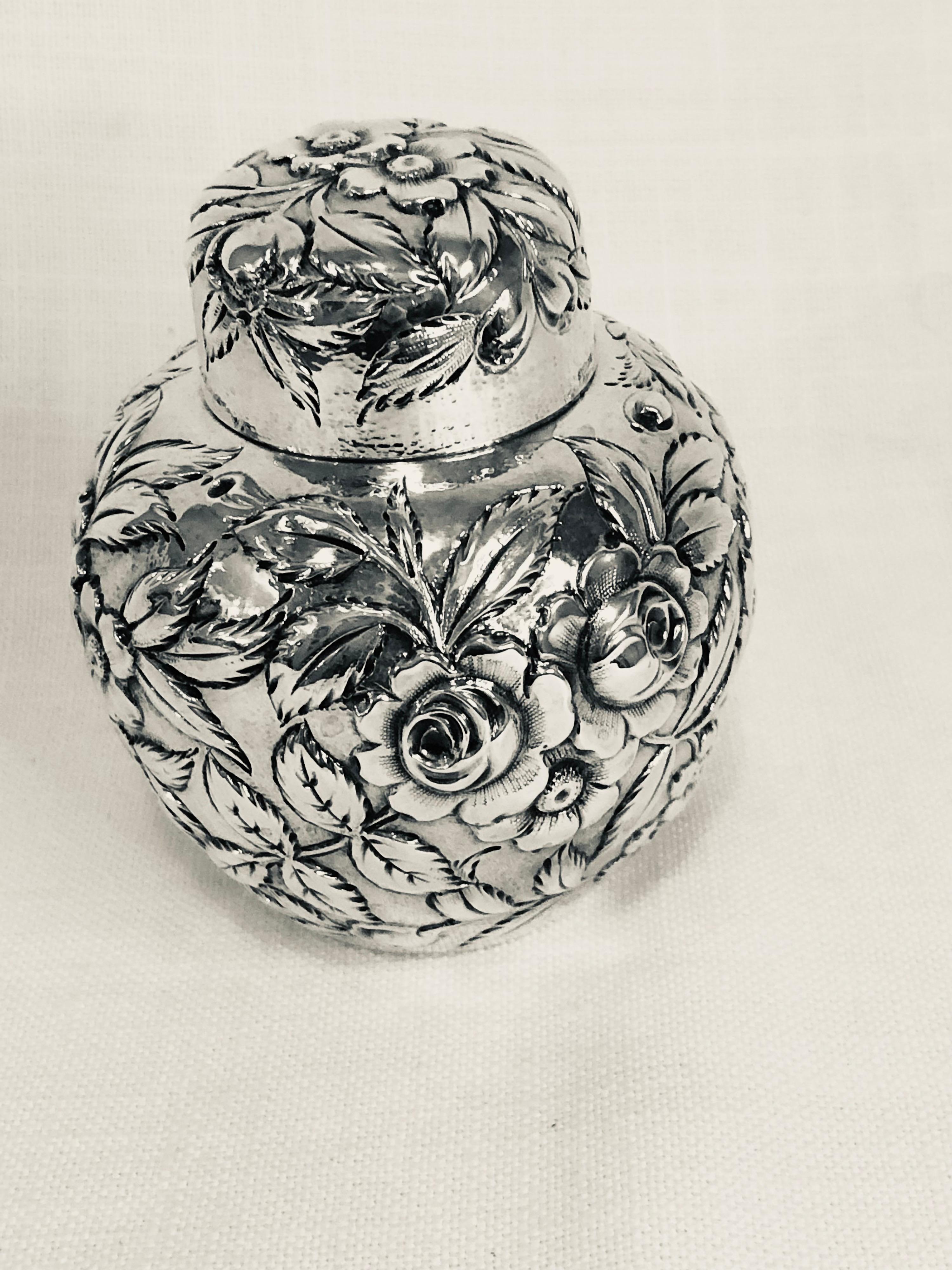 Repoussé Signed S. Kirk Sterling Silver Tea Caddy with Repousse on All Sides and Cover