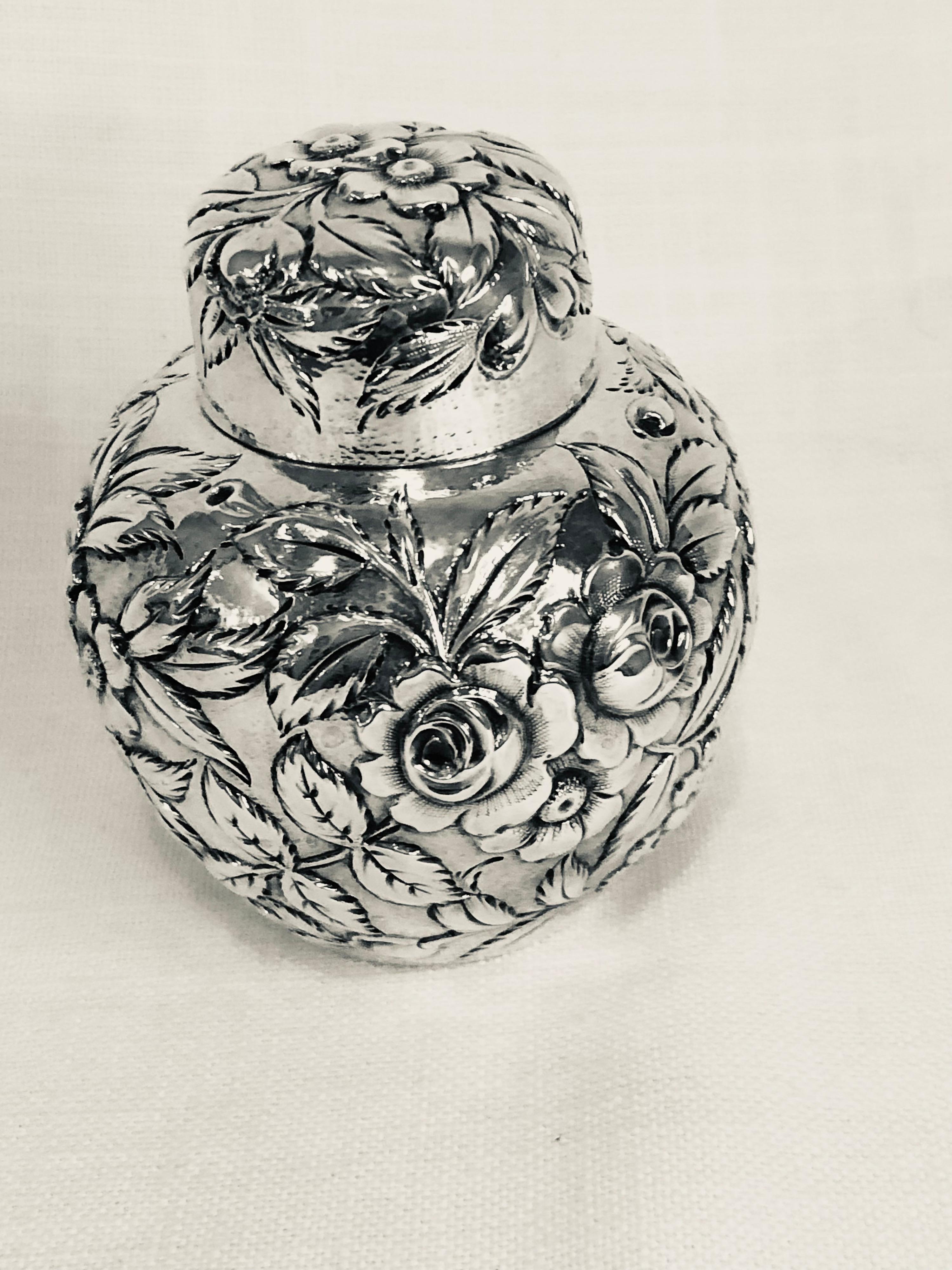 Early 20th Century Signed S. Kirk Sterling Silver Tea Caddy with Repousse on All Sides and Cover