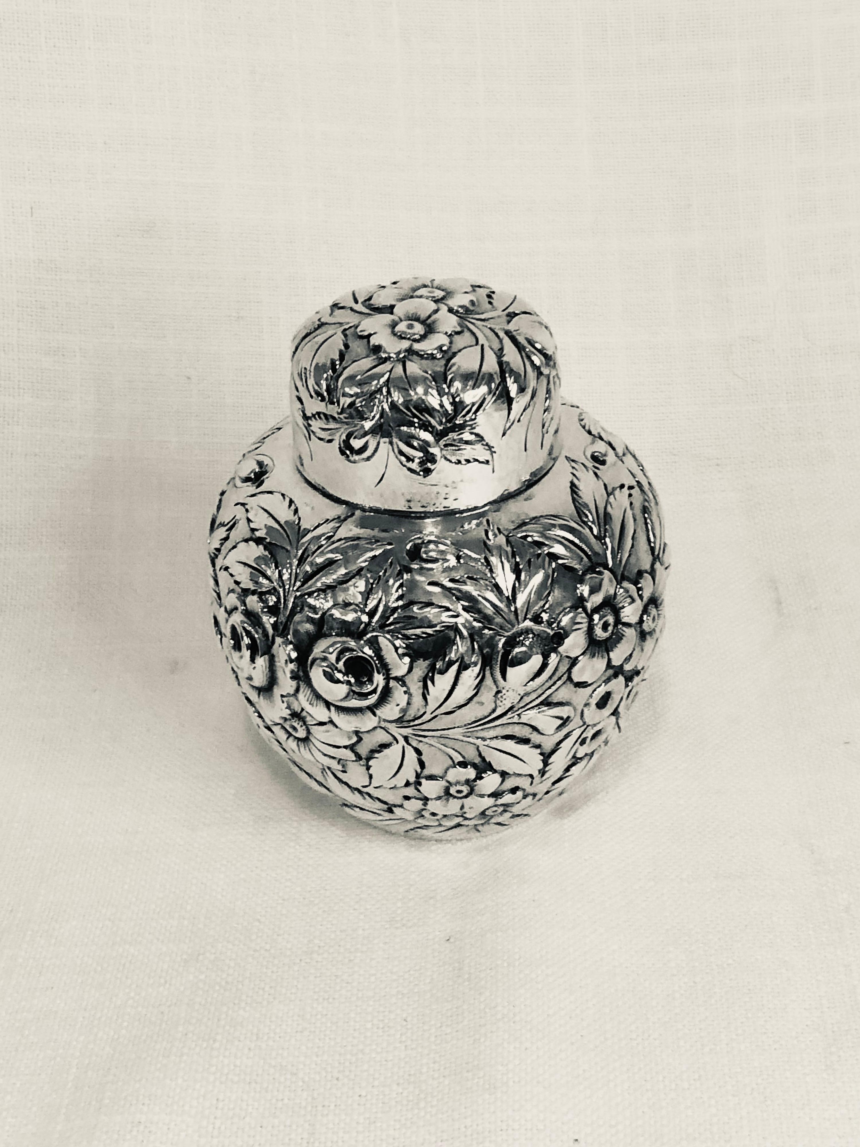 Signed S. Kirk Sterling Silver Tea Caddy with Repousse on All Sides and Cover 1