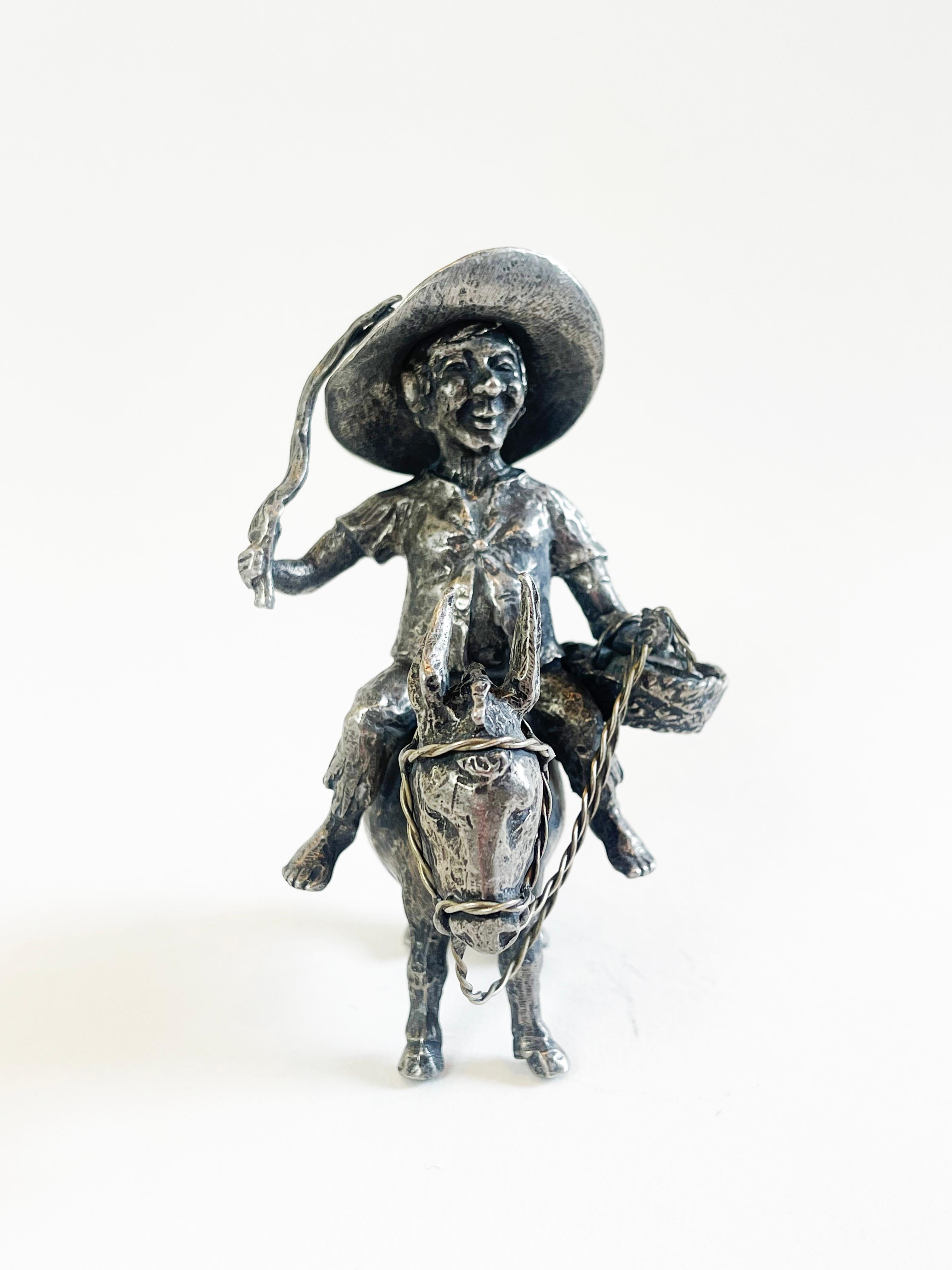 French Signed Sancho Panza Riding his Donkey, Pewter Figurine by Michel Laude, France For Sale
