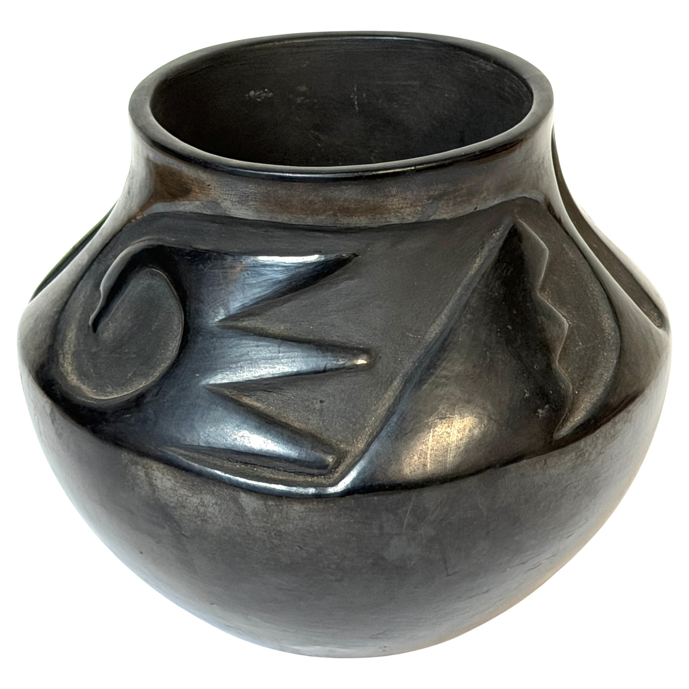 Signed Santa Clara Pueblo Carved Blackware Vase, Juanita Pueblo, Mid 20th C. For Sale