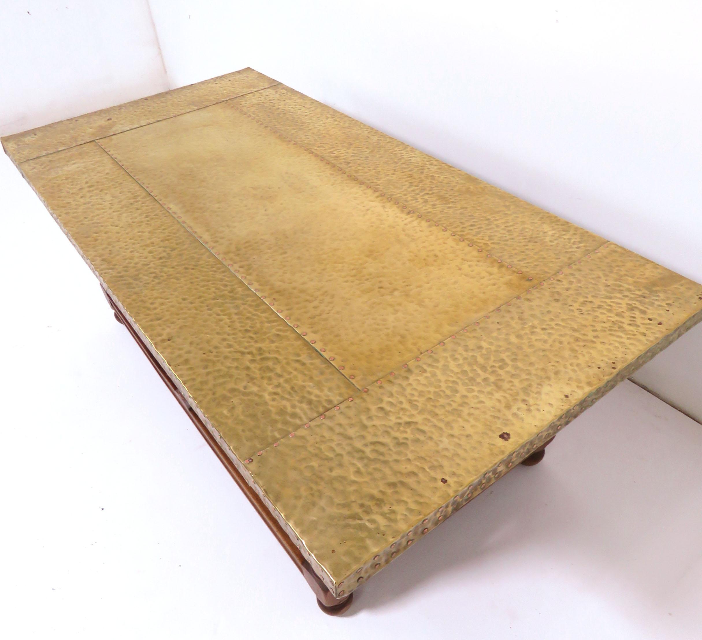 Spanish Colonial Signed Sarreid Brass Clad and Walnut Coffee Table
