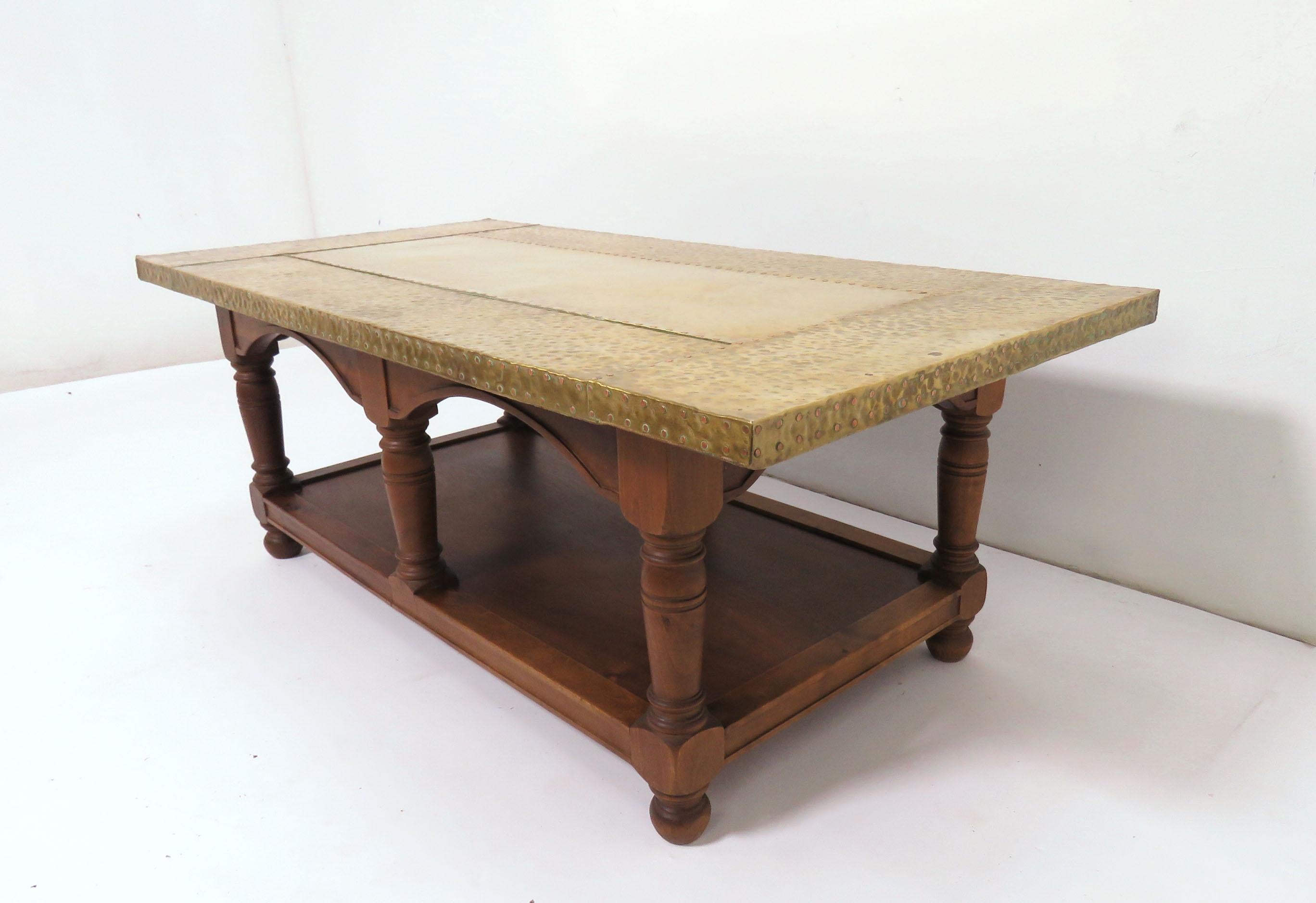 Spanish Signed Sarreid Brass Clad and Walnut Coffee Table