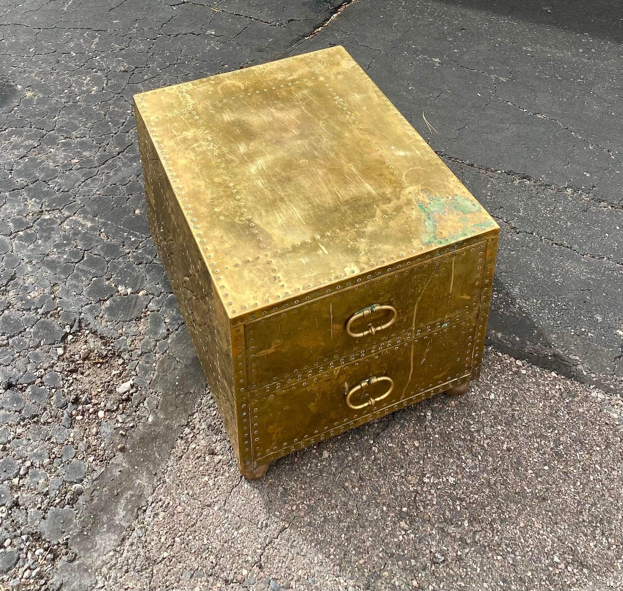Spanish Sarreid Brass Side Table Nightstand on Bun Feet For Sale
