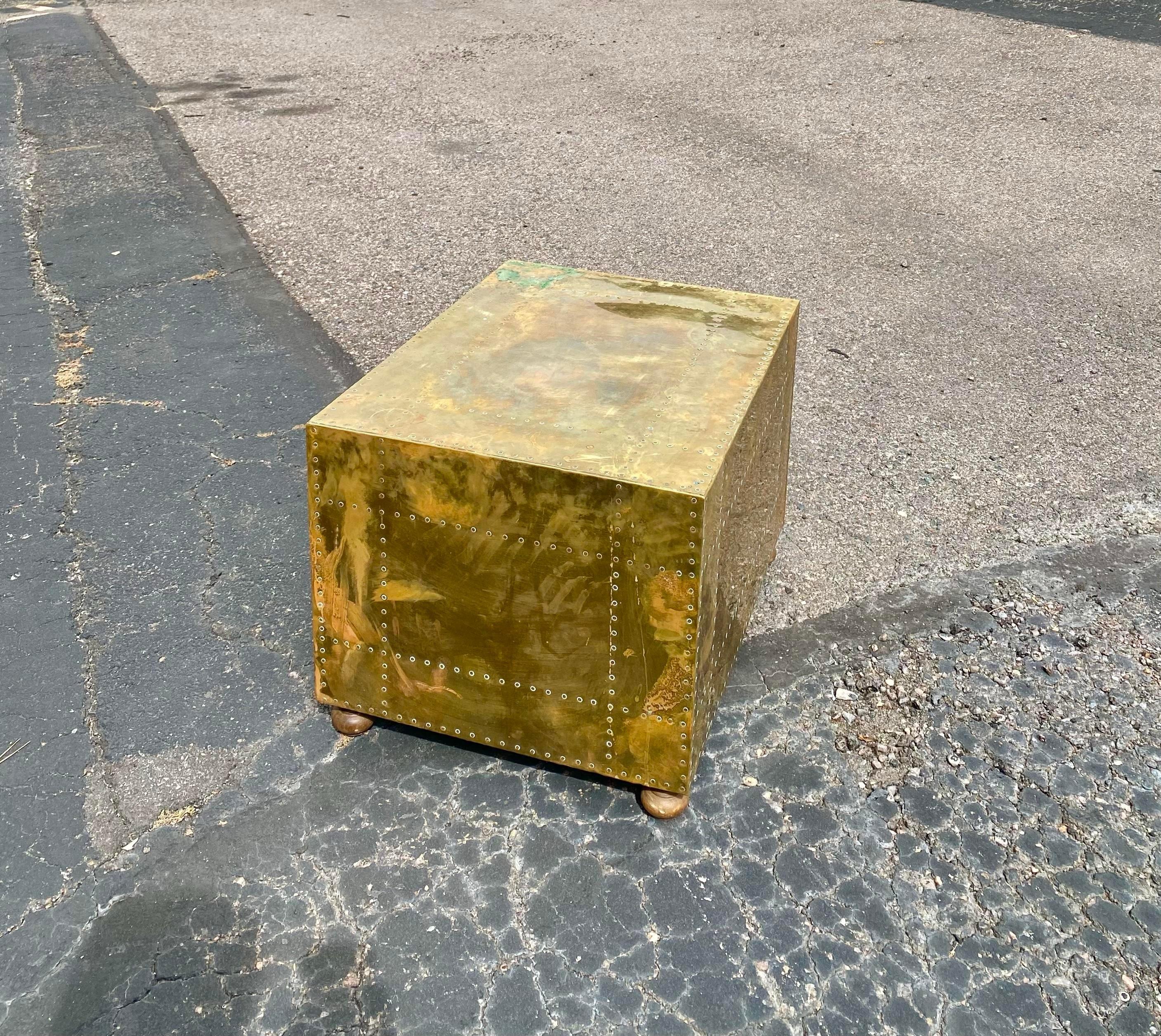 Hand-Crafted Sarreid Brass Side Table Nightstand on Bun Feet For Sale
