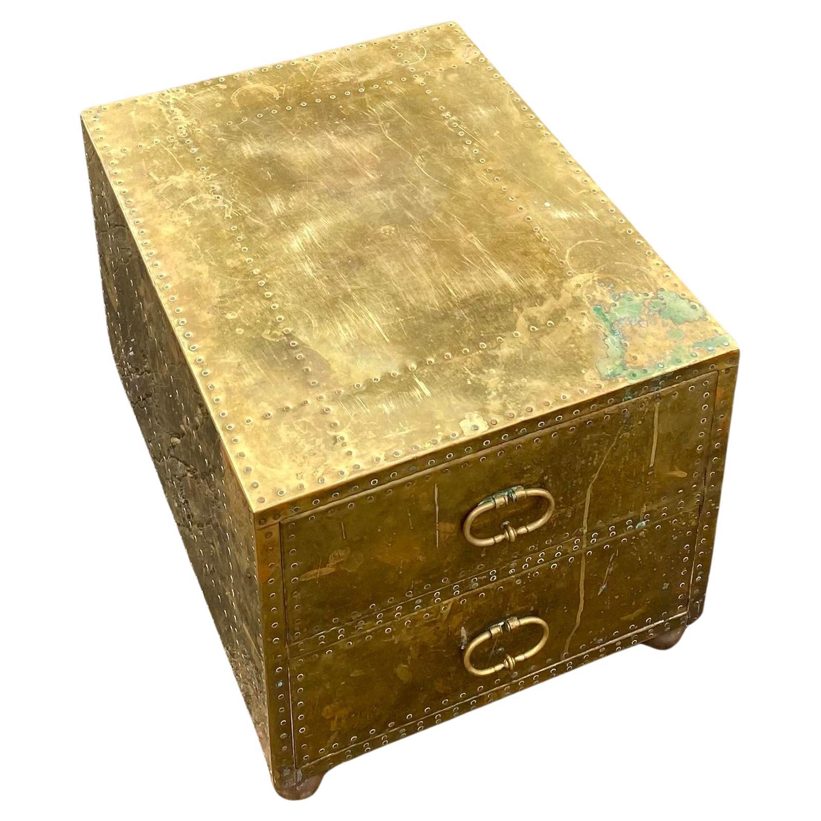 Sarreid Brass Side Table Nightstand on Bun Feet For Sale