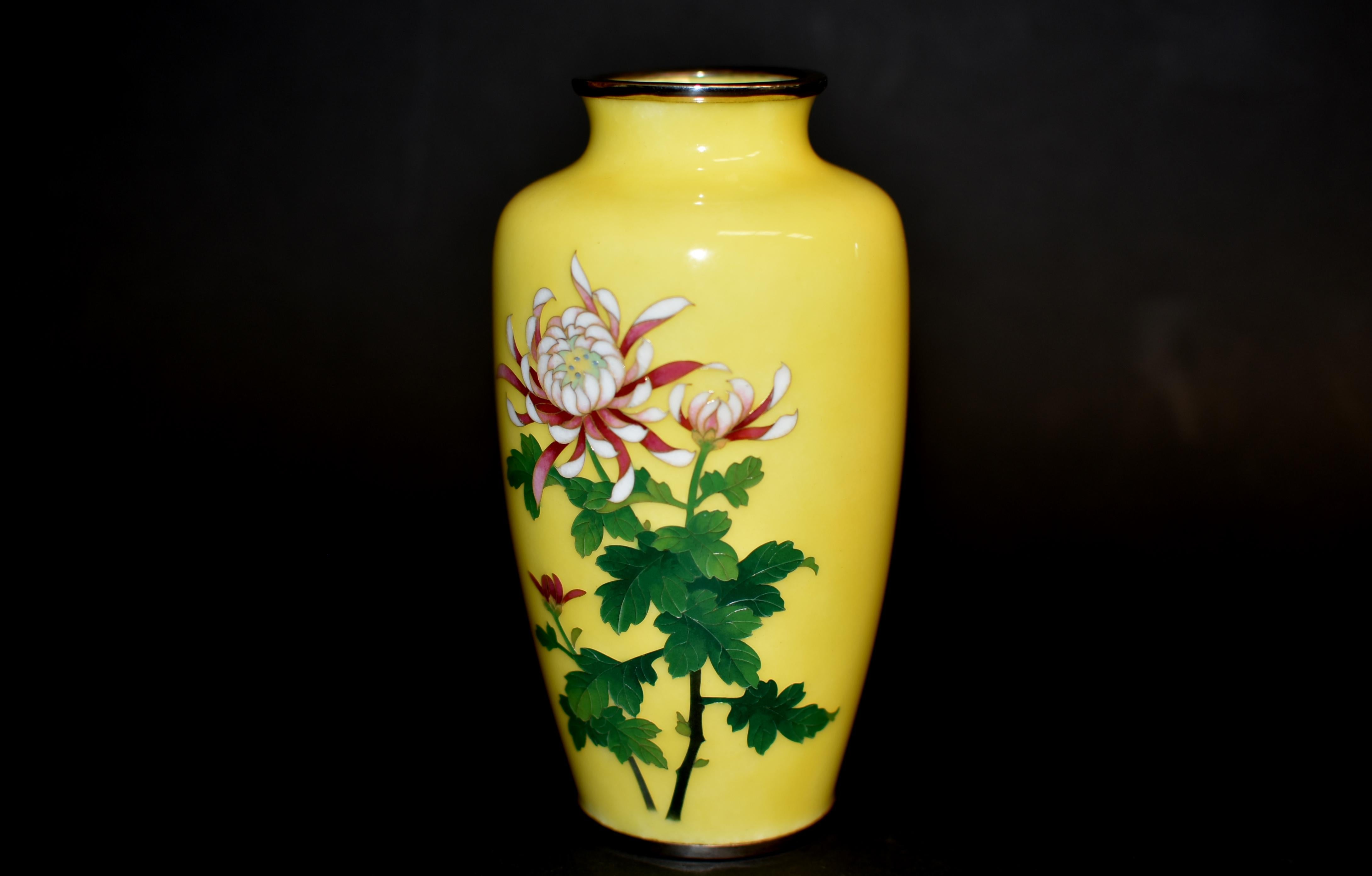 XX secolo Vaso cloisonné giapponese firmato Sato Giallo imperiale con crisantemo in vendita