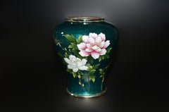 Signed Sato Japanese Ginbari Cloisonne Green Vase Peony