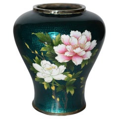 Signed Sato Japanese Ginbari Cloisonne Green Vase Peony