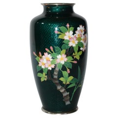 Signed Sato Japanese Ginbari Cloisonne Vase Cherry Blossom