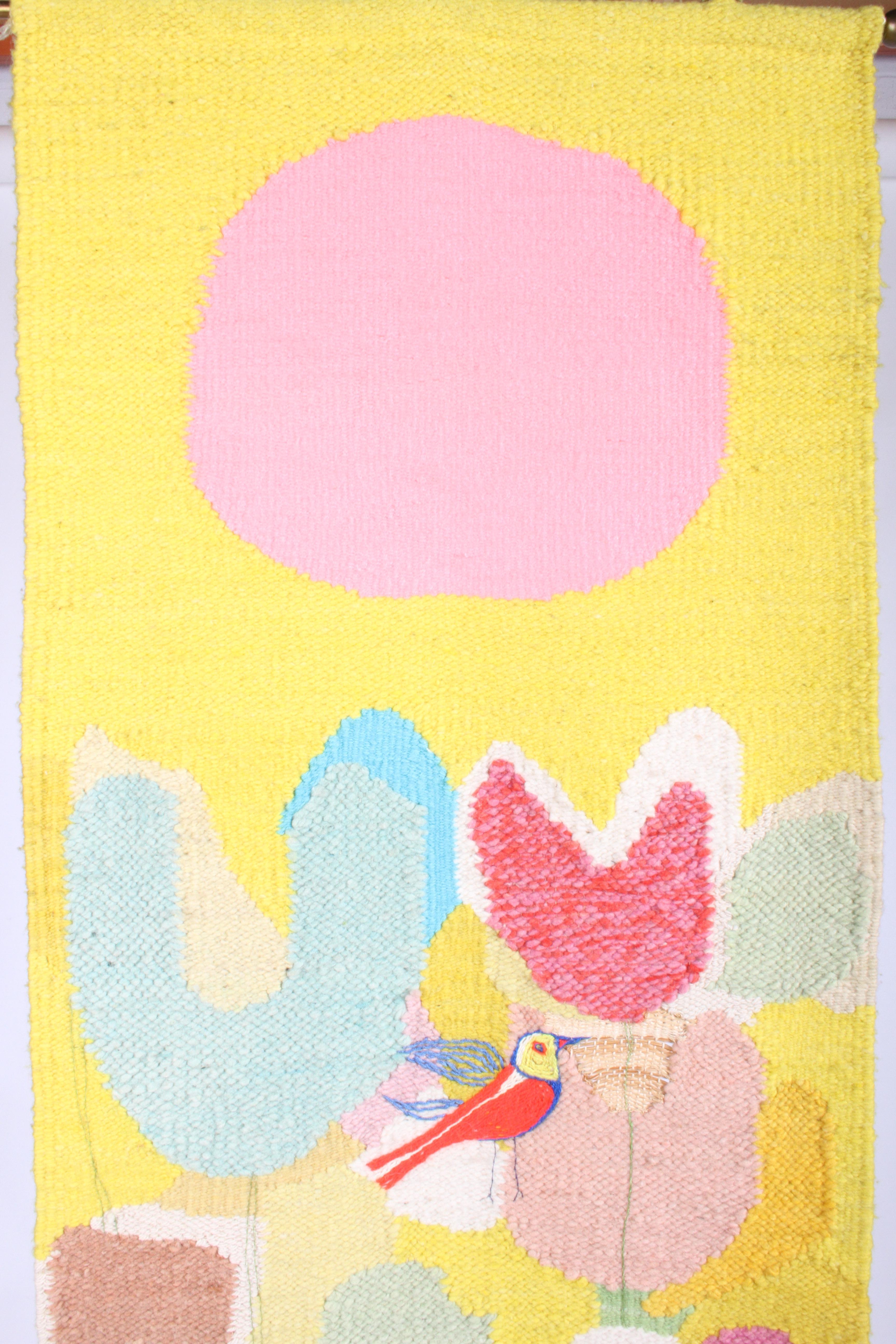 Saul Borisov signed wool weaving or wall tapestry from the 1950s. Abstract nature design with birds and woven natural caning for nest. Missing two of the brass rings at top (easy to replace), supported by brass rods with brass ball end caps. Can