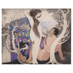 Signed Saul Raskin, 'Adam and Eve'. Hand Colored Etching