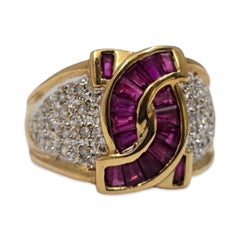 Signed S.B 18K Ruby Baguette & Diamond Pave Statement Ring