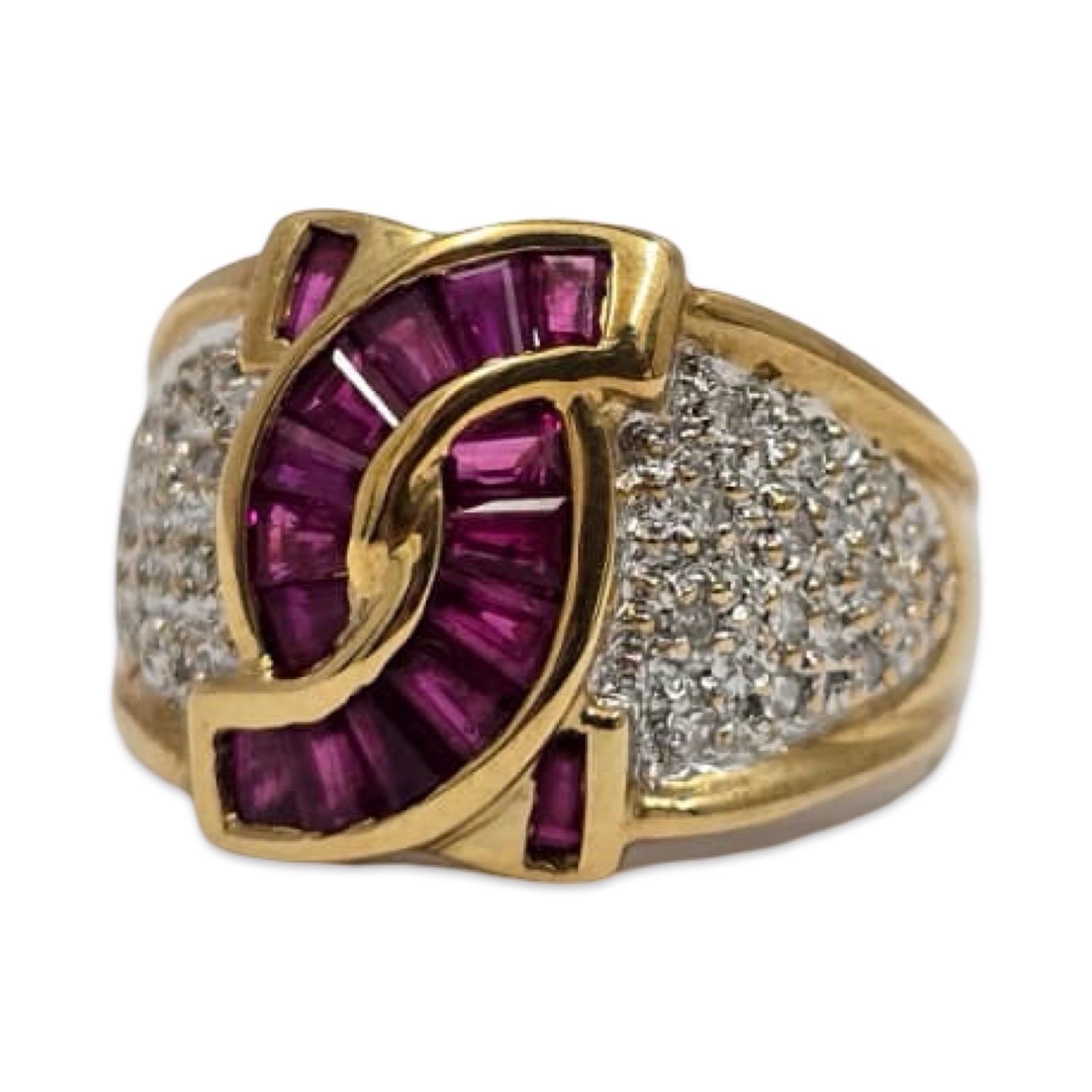 Tapered Baguette Signed S.B 18K Ruby Baguette & Diamond Pave Statement Ring For Sale