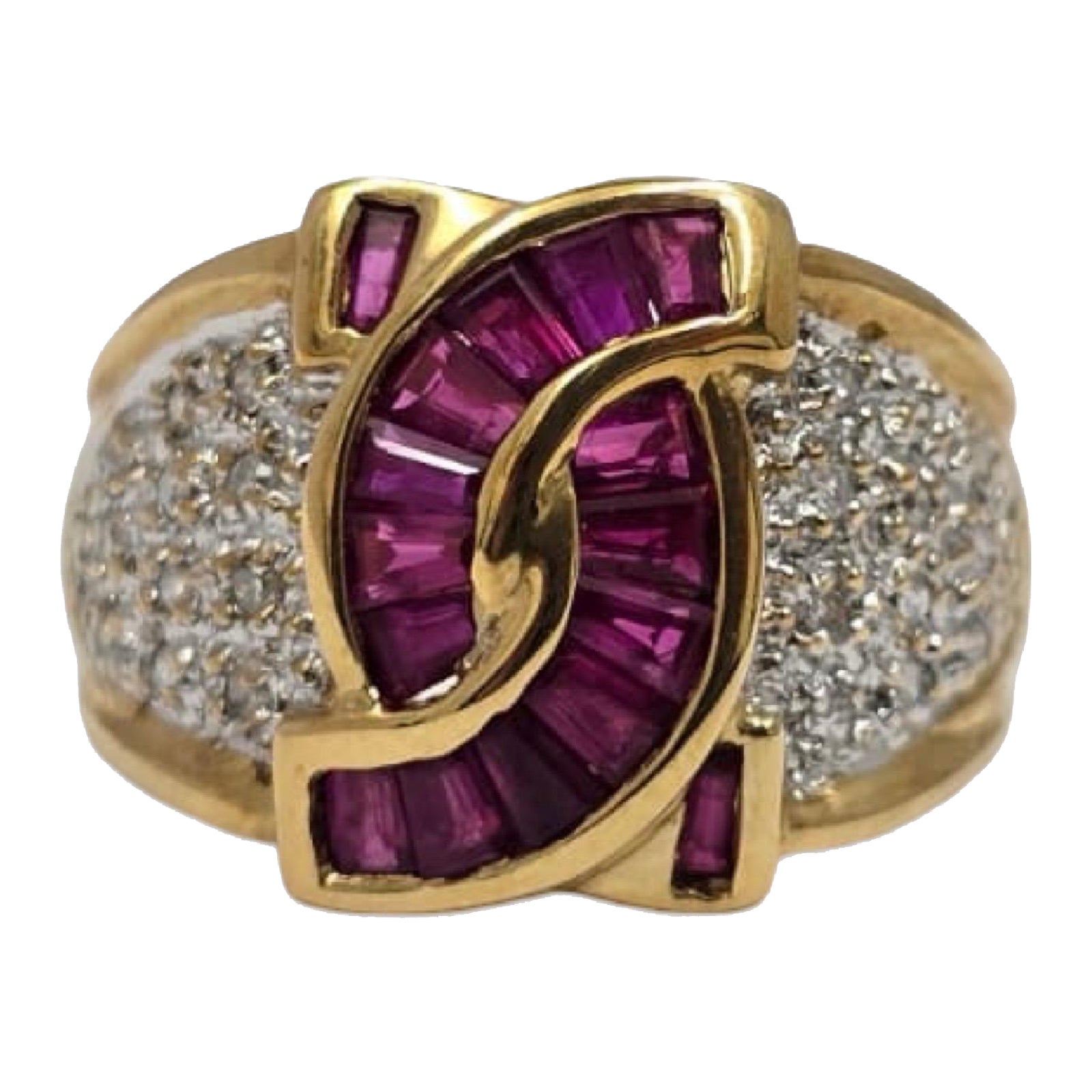 Signed S.B 18K Ruby Baguette 
Diamond Pave Statement Ring For Sale