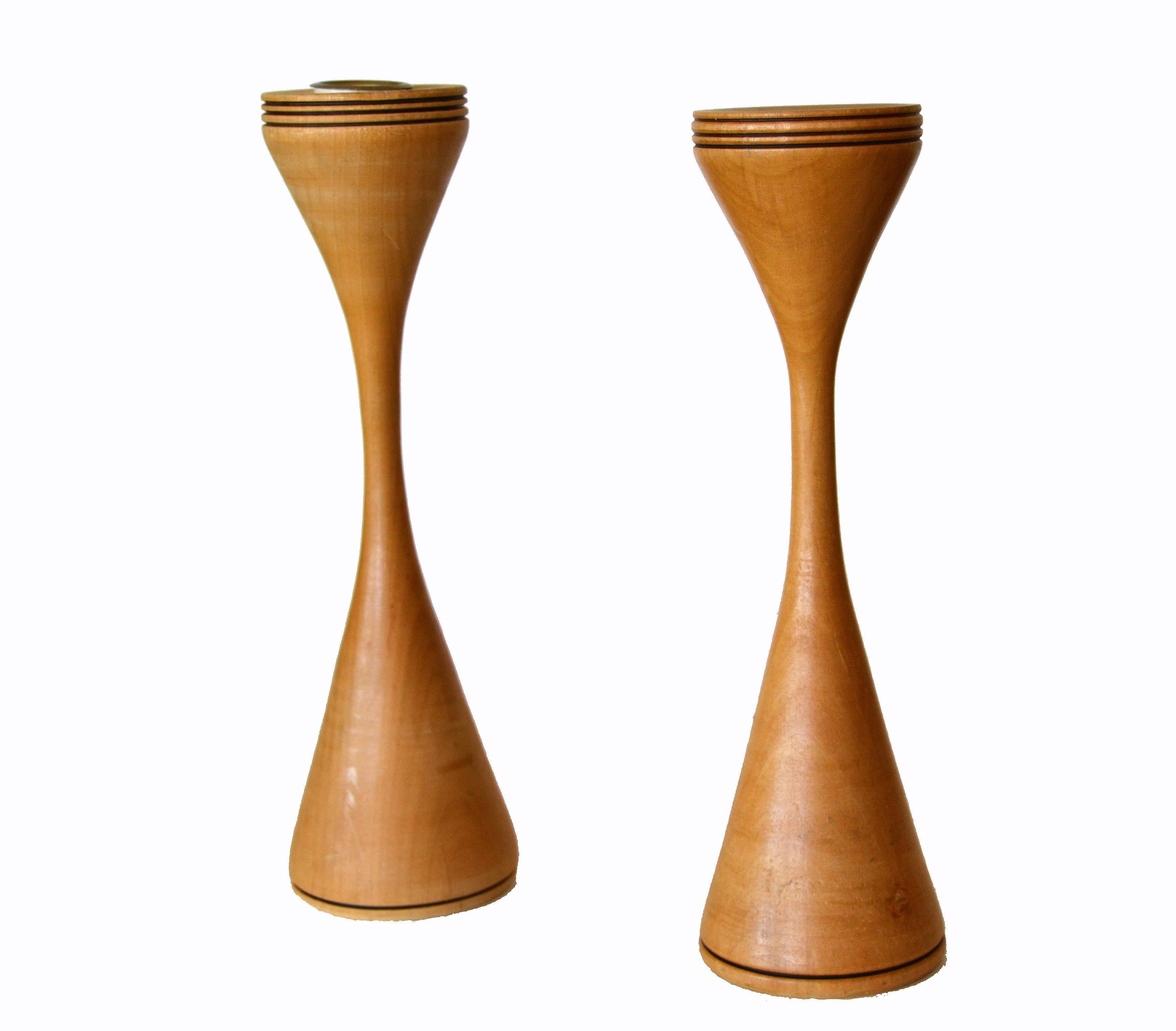 Signed Scandinavian Modern Handcrafted Turned Wood and Brass Candleholders, Pair For Sale 6