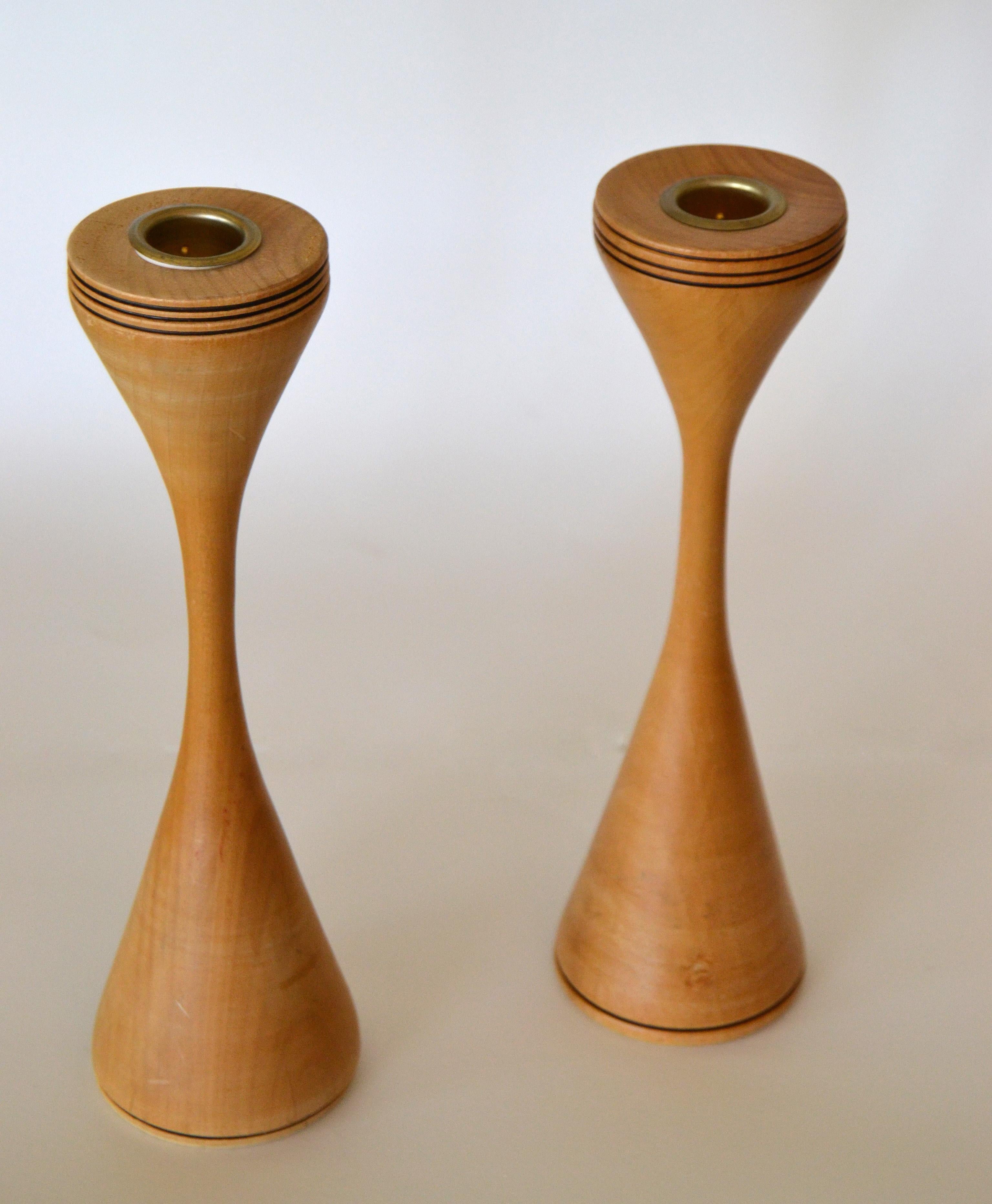 Danish Signed Scandinavian Modern Handcrafted Turned Wood and Brass Candleholders, Pair For Sale