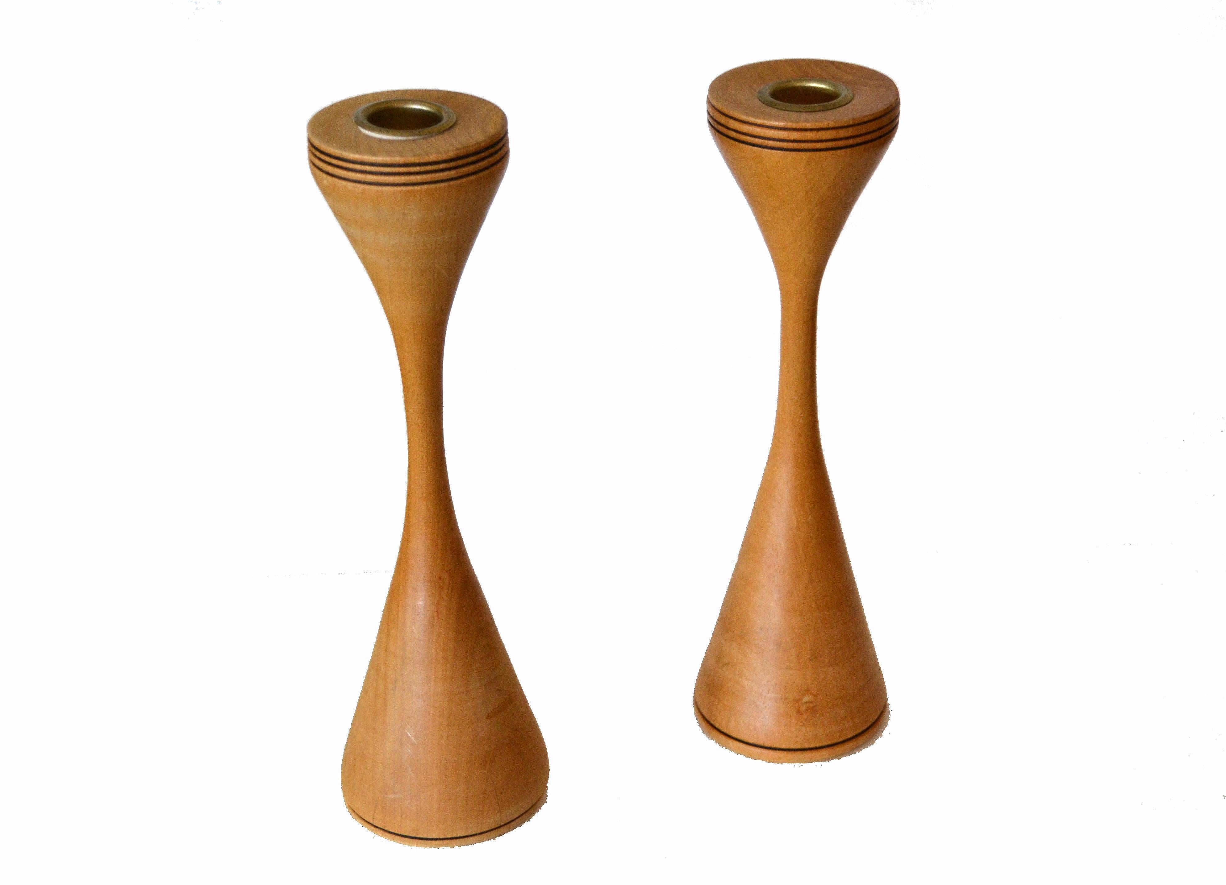 20th Century Signed Scandinavian Modern Handcrafted Turned Wood and Brass Candleholders, Pair For Sale